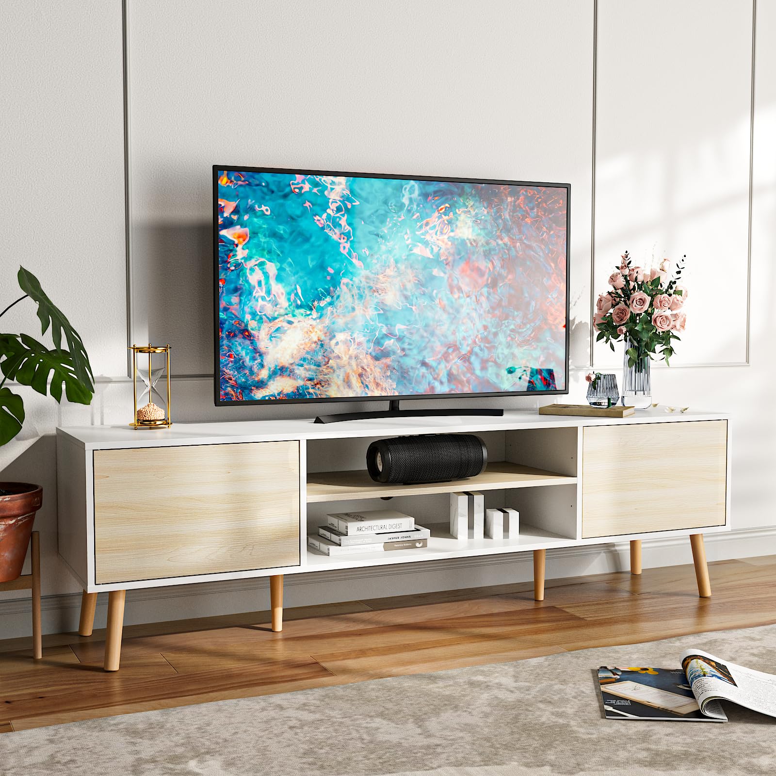 75 Inch TV Stand with Storage - Wooden Media Console Entertainment Center, 2 Cabinet Design, White & Oak Finish - Perfect for Living Room & Bedroom Furniture Organization