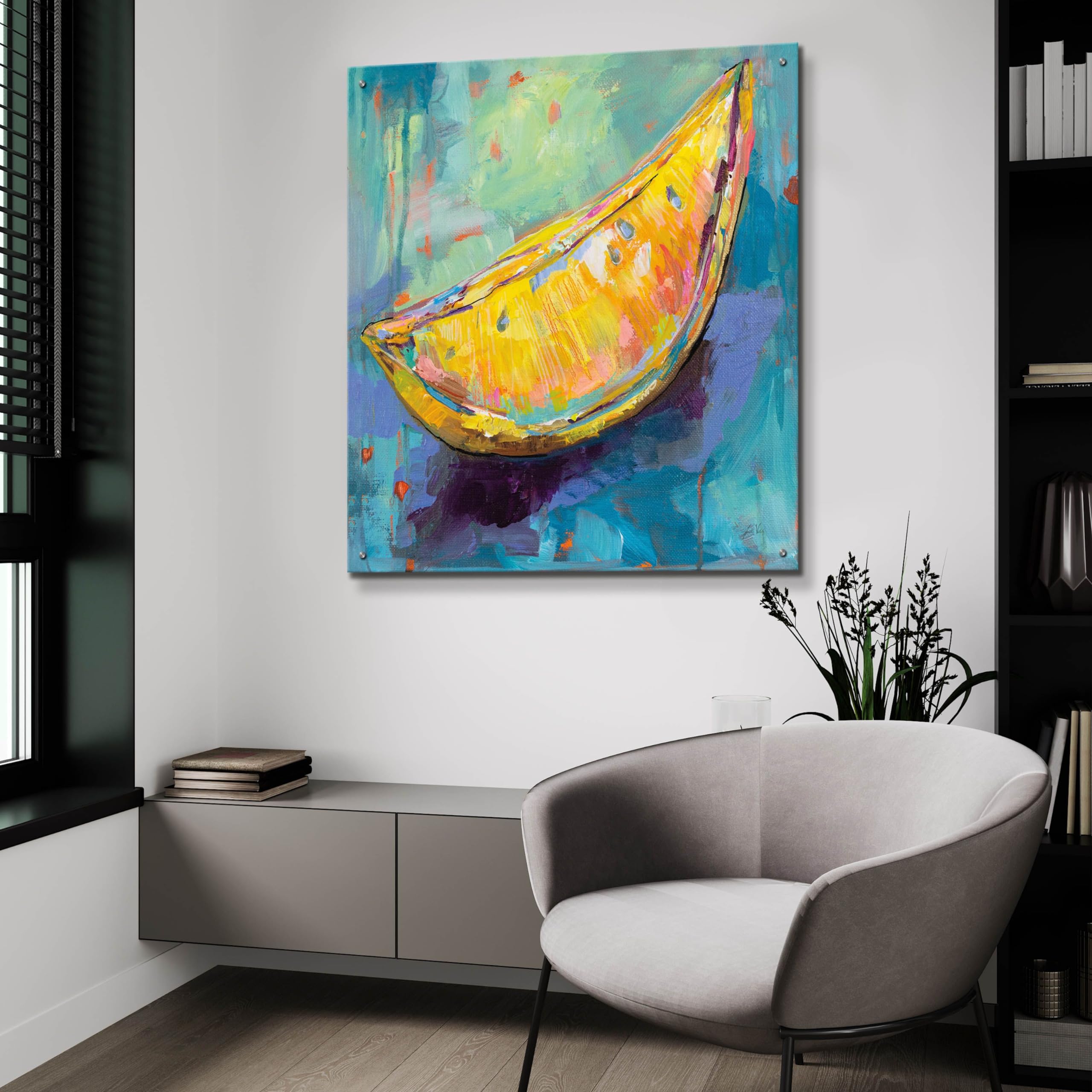 Epic Art 'Lemon Wedge' by Jeanette Vertentes - 36x36 Inch Acrylic Glass Wall Decor - Modern Kitchen & Dining Room Artwork - Vibrant Fruit Painting for Contemporary Home Decor
