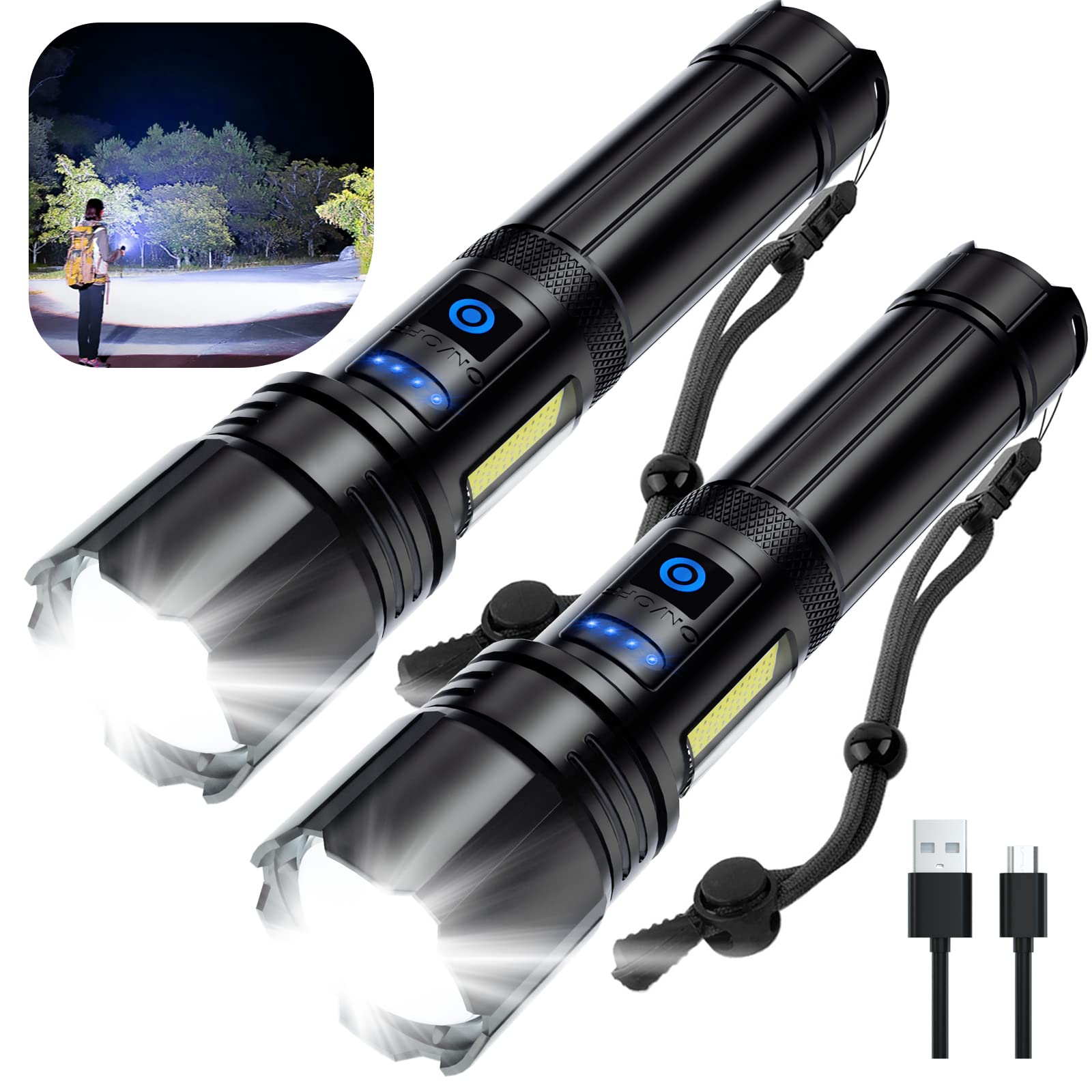 Rechargeable LED Flashlight 990000 Lumens - Ultra Bright Flashlight with 7 Modes, IPX7 Waterproof, Long Lasting Battery - Perfect for Camping, Hiking, Emergency, Power Outages & Home Use (2 Pack)