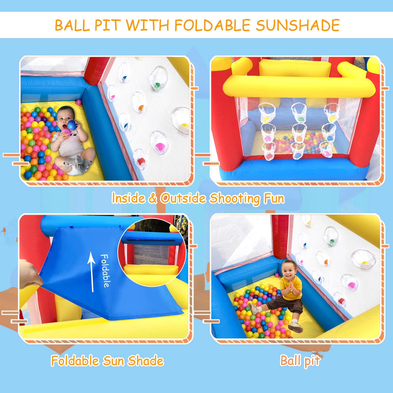 Baralir Inflatable Bounce House with Slide & Ball Pit - Kids Playhouse for Ages 3-6 | Indoor/Outdoor Toddler Jumper with Sun Cover & Water Pool | Perfect for Birthday Parties, Backyard Fun & Summer Water Play (Air Blower Included)
