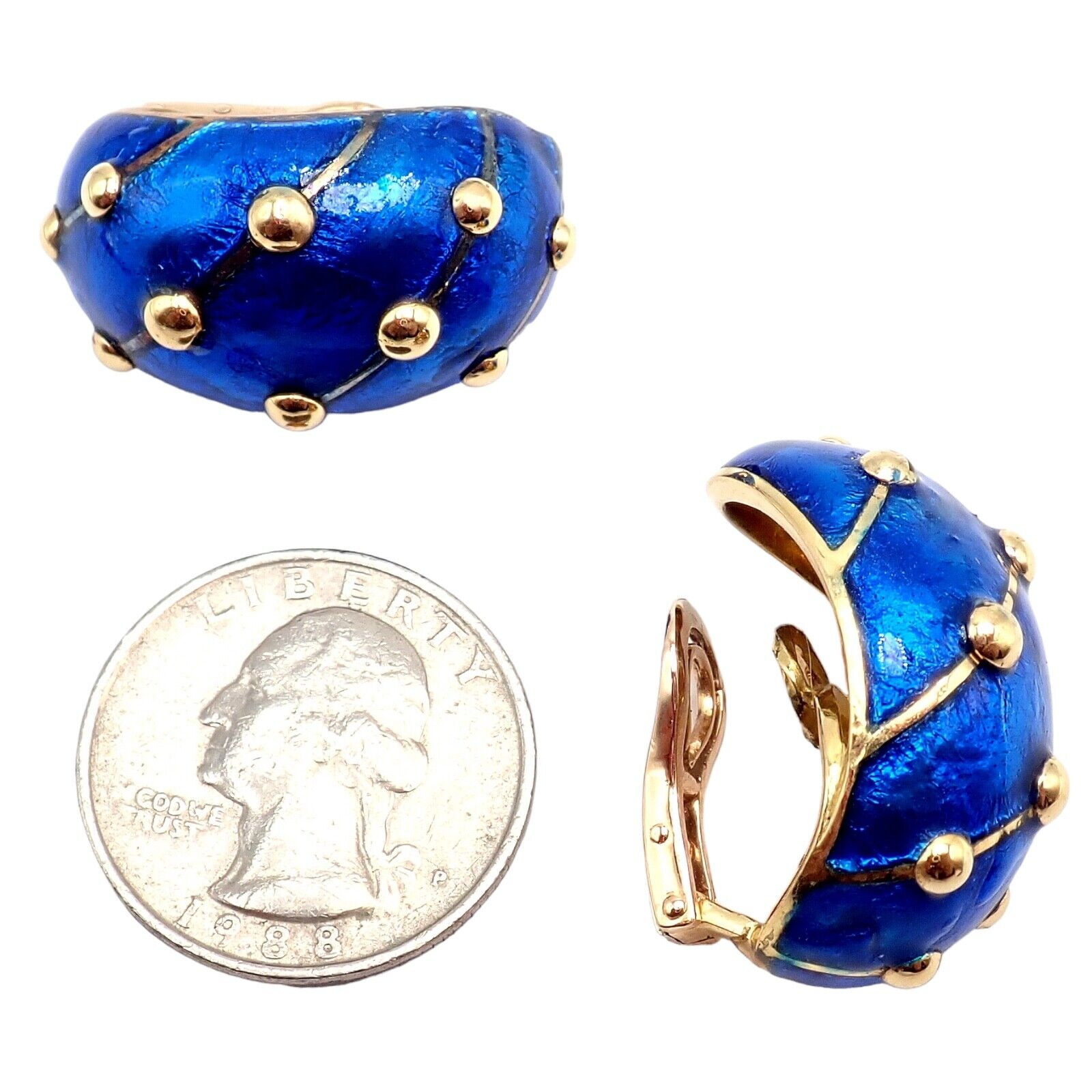 Tiffany & Co Schlumberger 18k Yellow Gold Large Blue Enamel Banana Clip Earrings - Luxury Vintage Jewelry for Women, Perfect for Parties, Weddings & Special Occasions