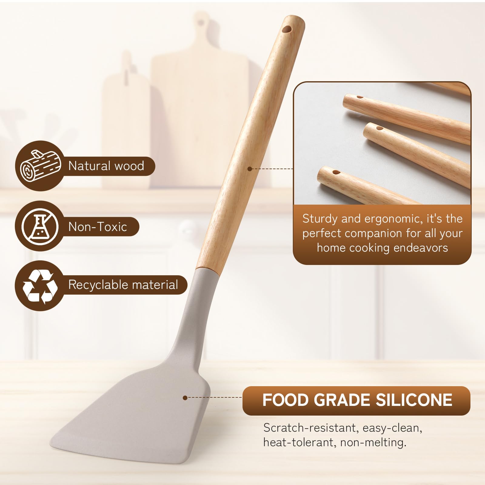Silicone Kitchen Utensils Set 43 PCS with Wooden Handle, Nonstick Heat Resistant Cookware Gadgets & Holder (Khaki) - Perfect for Baking, Cooking, and Everyday Kitchen Tasks