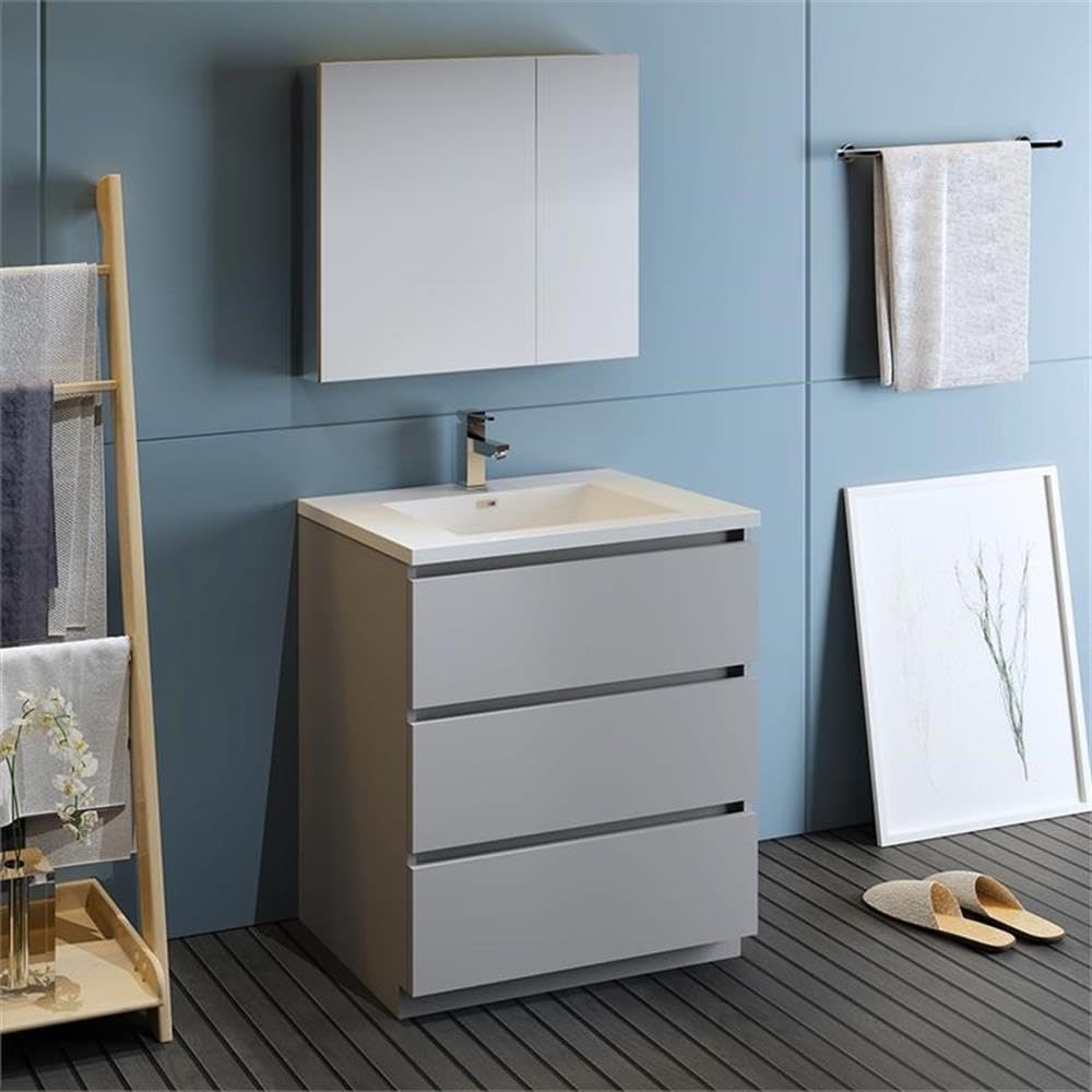 Fresca Lazzaro 30 Inch Gray Modern Bathroom Vanity with Medicine Cabinet - Free Standing Contemporary Design (Faucet Not Included) - Perfect for Small Bathrooms, Master Suites & Home Renovations