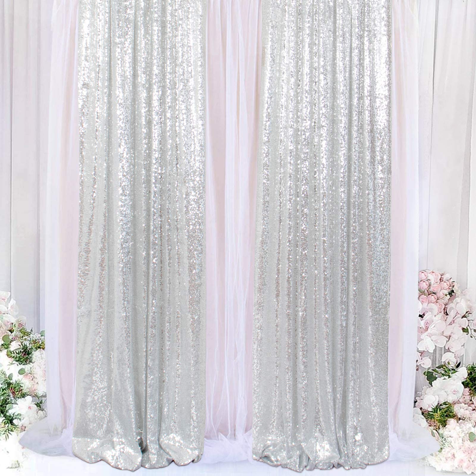 ShinyBeauty Silver Sequin Photo Backdrop - 2 Panels 4FT x 8FT (96 Inches Long) for Wedding, Party, Birthday, Photography Studio Decor - Sparkling Curtain Backdrop for Events & Photo Shoots