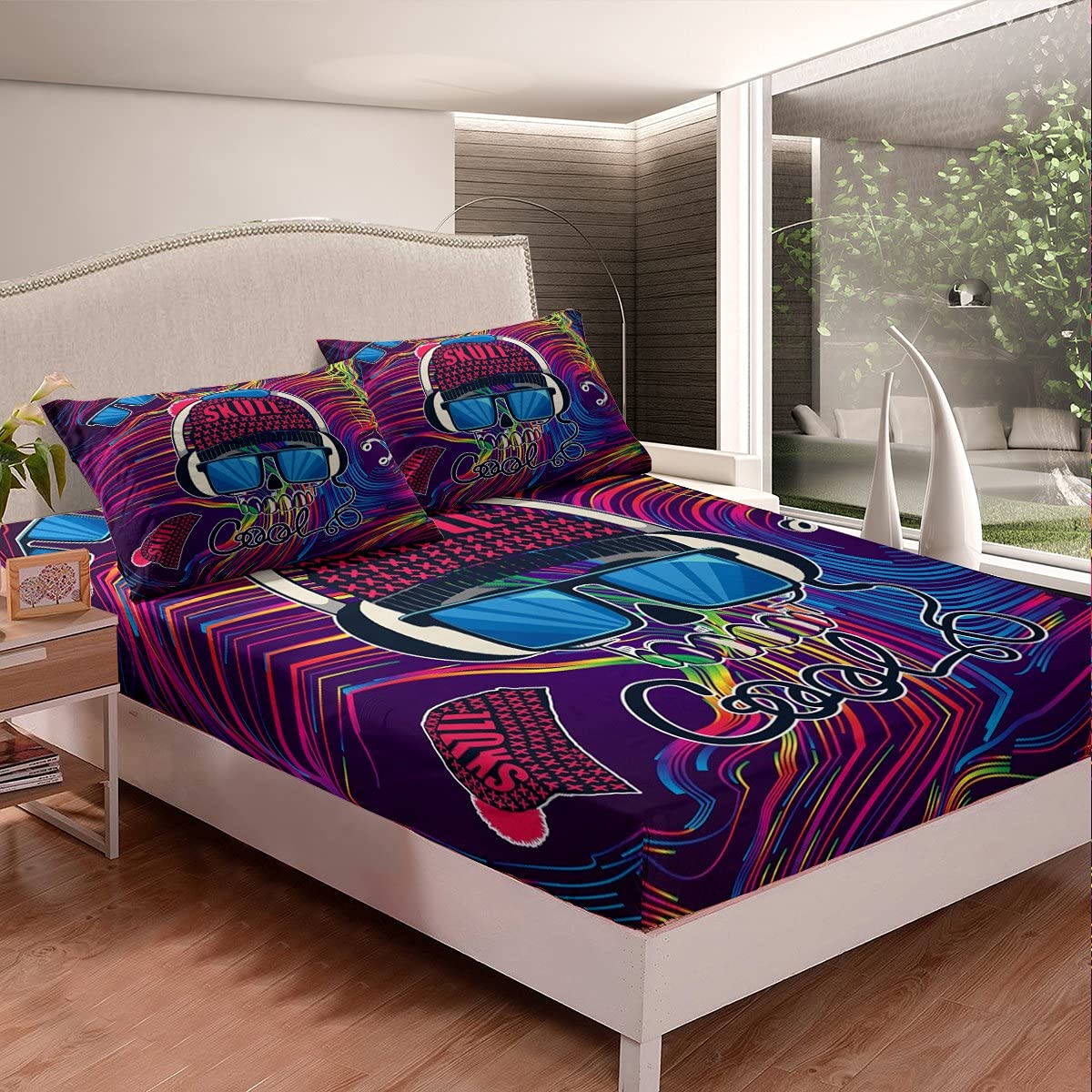 Boys Sugar Skull Fitted Sheet - Full Size Colorful Hip Hop Hippie Bed Sheets for Kids, Girls, Teens & Adults - Vibrant Purple Gaming Headset Design with No Flat Sheet - Perfect for Teen Bedrooms, Dorm Rooms & Gaming Setups