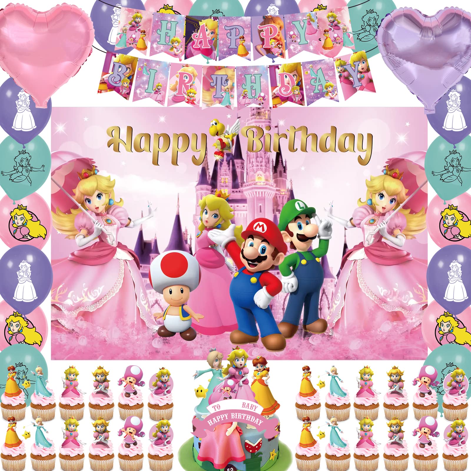 53Pcs Princess Party Decorations Set - Birthday Banner, Cake Topper, Cupcake Toppers, Backdrop & Foil Balloons for Girls & Boys Birthday Party Supplies | Perfect for Princess Themed Parties, Baby Showers & Kids Celebrations
