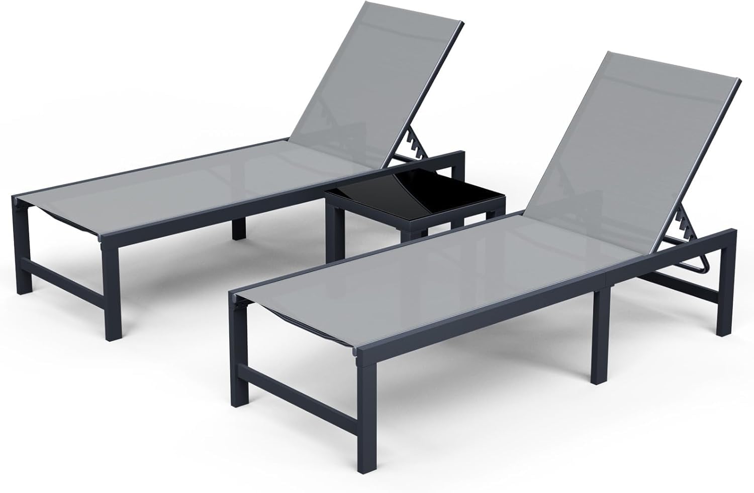 UDPATIO 3-Piece Outdoor Chaise Lounge Set with Adjustable Backrest and Side Table - Perfect for Poolside, Beach, Patio, and Backyard Sunbathing (Grey) | Durable Weather-Resistant Pool Lounge Chairs for Relaxing in Summer