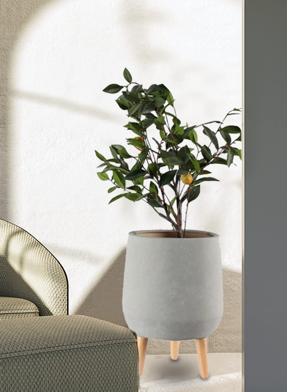 Serene Spaces Living Grey Ceramic Plant Pot Holder with Wooden Legs - 15.75