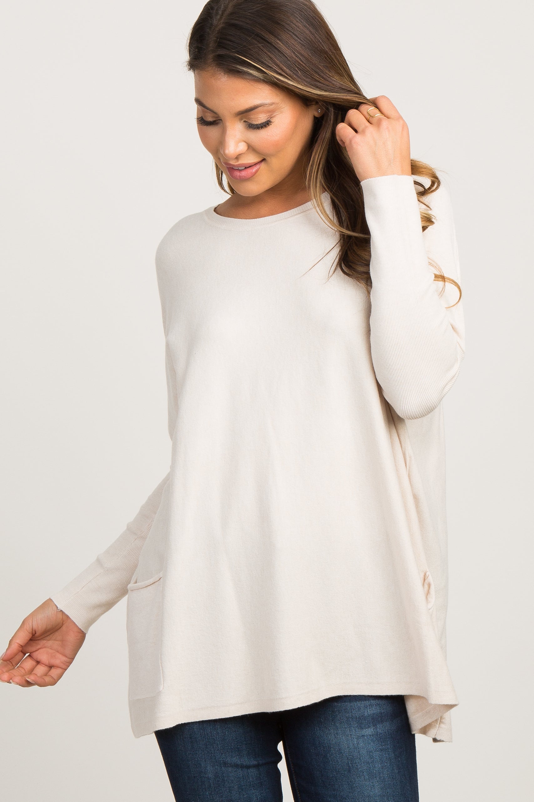 Beige Maternity Top with Pockets & Dolman Sleeves - Comfortable Pregnancy Shirt for Casual Wear, Work & Everyday Outfits