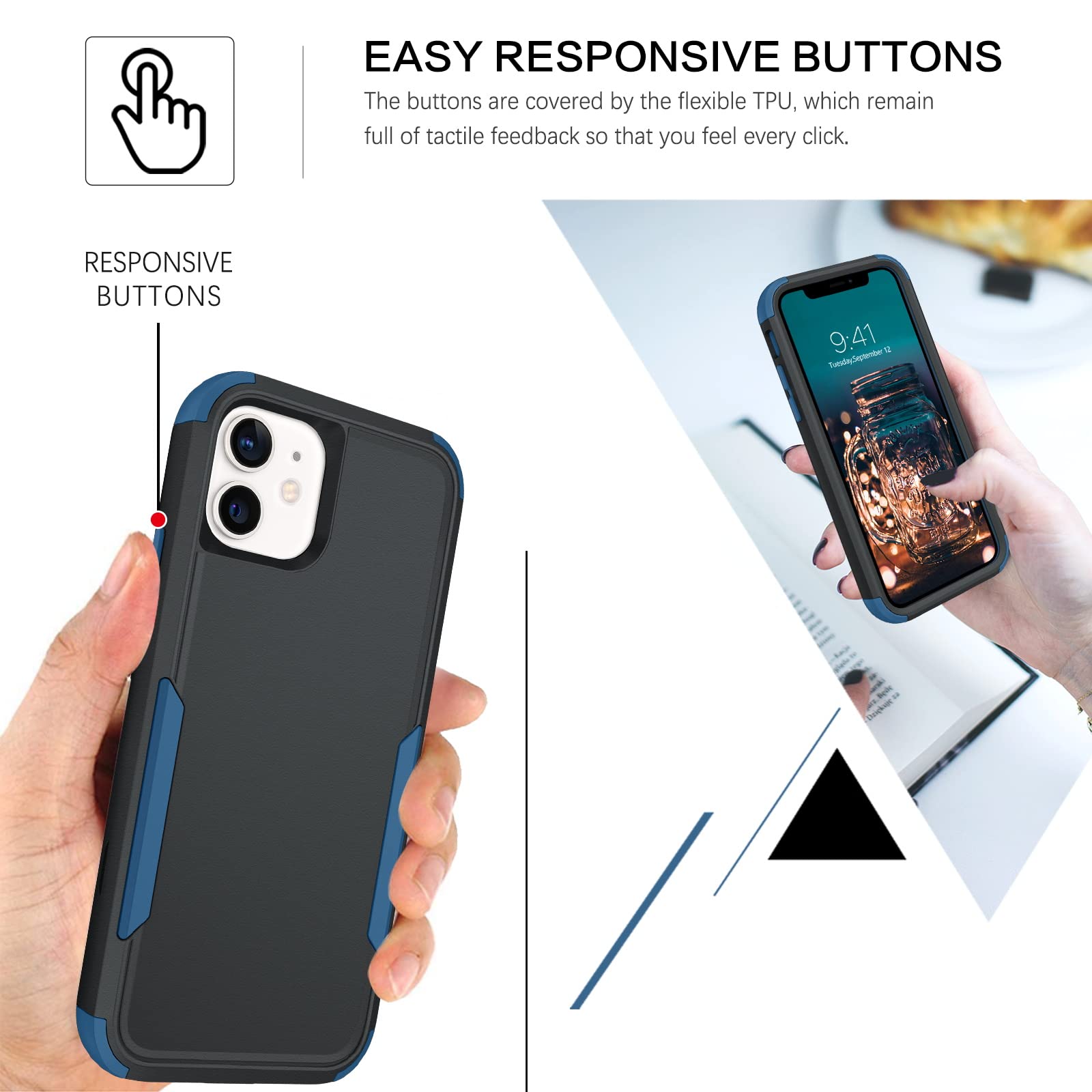 Premium Heavy Duty 3-in-1 Shockproof iPhone 12/12 Pro Case - Rugged Non-Slip Full Body Protection with Hard PC & Soft TPU Bumper (6.1 Inch) | Ideal for Outdoor, Work & Daily Use | Black/Navy Blue