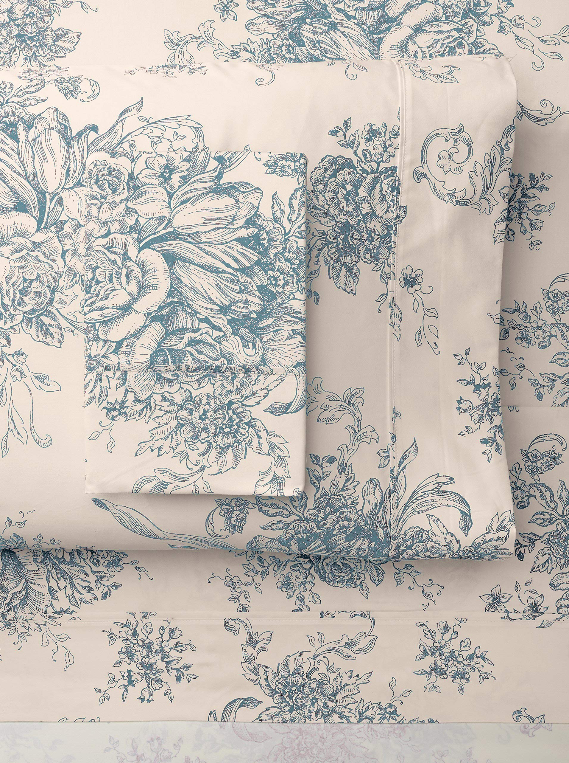 Melange Home 235452 Light Blue Toile Full Sheet Set - 100% Cotton Soft Bedding for Comfortable Sleep, Perfect for Master Bedroom & Guest Room