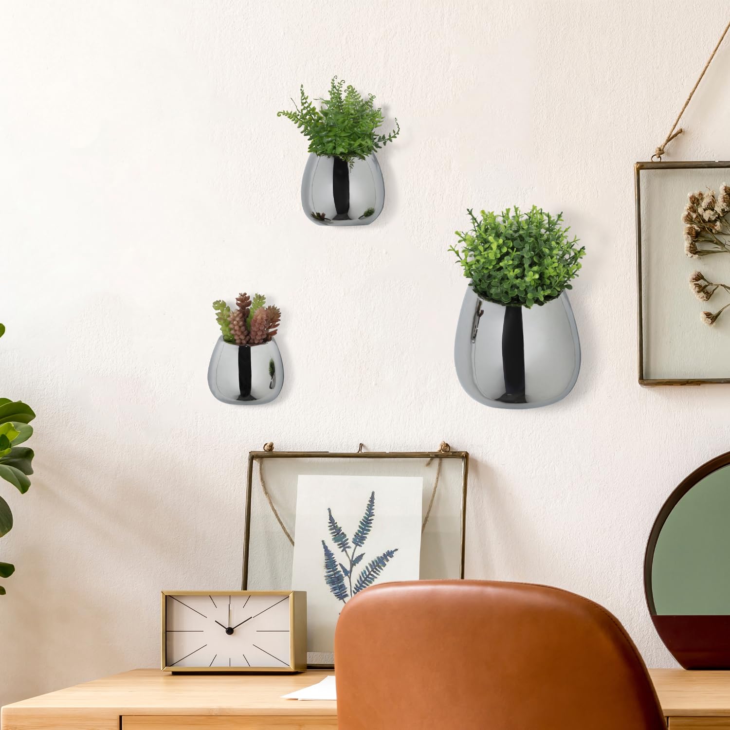 MyGift Set of 3 Modern Wall-Mounted Silver Ceramic Planters - Succulent & Air Plant Hanging Vases for Home, Office Decor | Indoor Herb Garden & Small Flower Pots