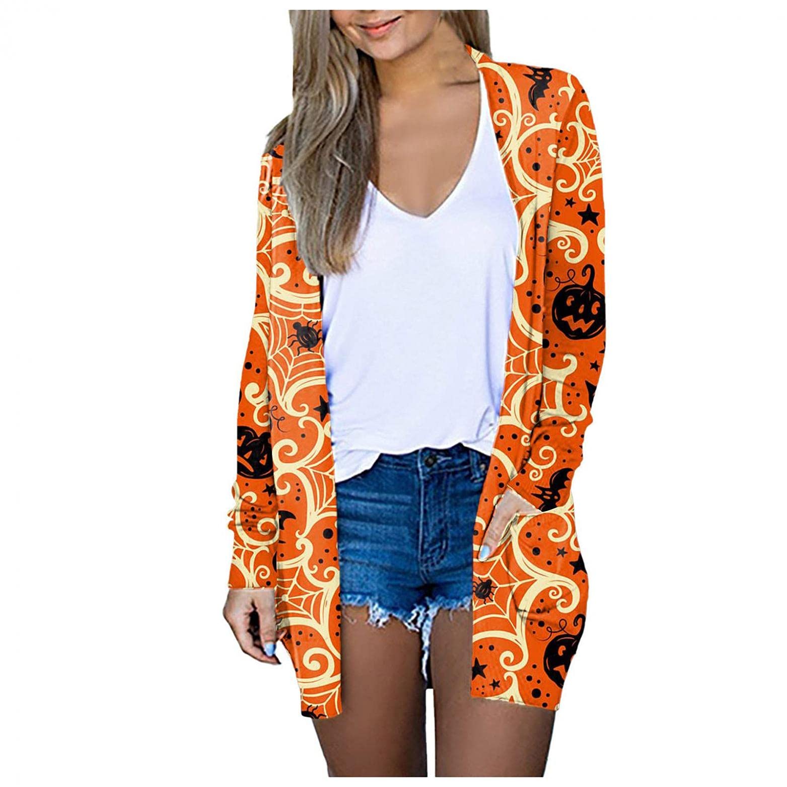 Women's Plus Size Halloween Cardigan Sweater - Soft Long Sleeve Open Front Knit with Pockets | Cozy Fall Layering, Pumpkin Patch Outfit, Spooky Season Fashion