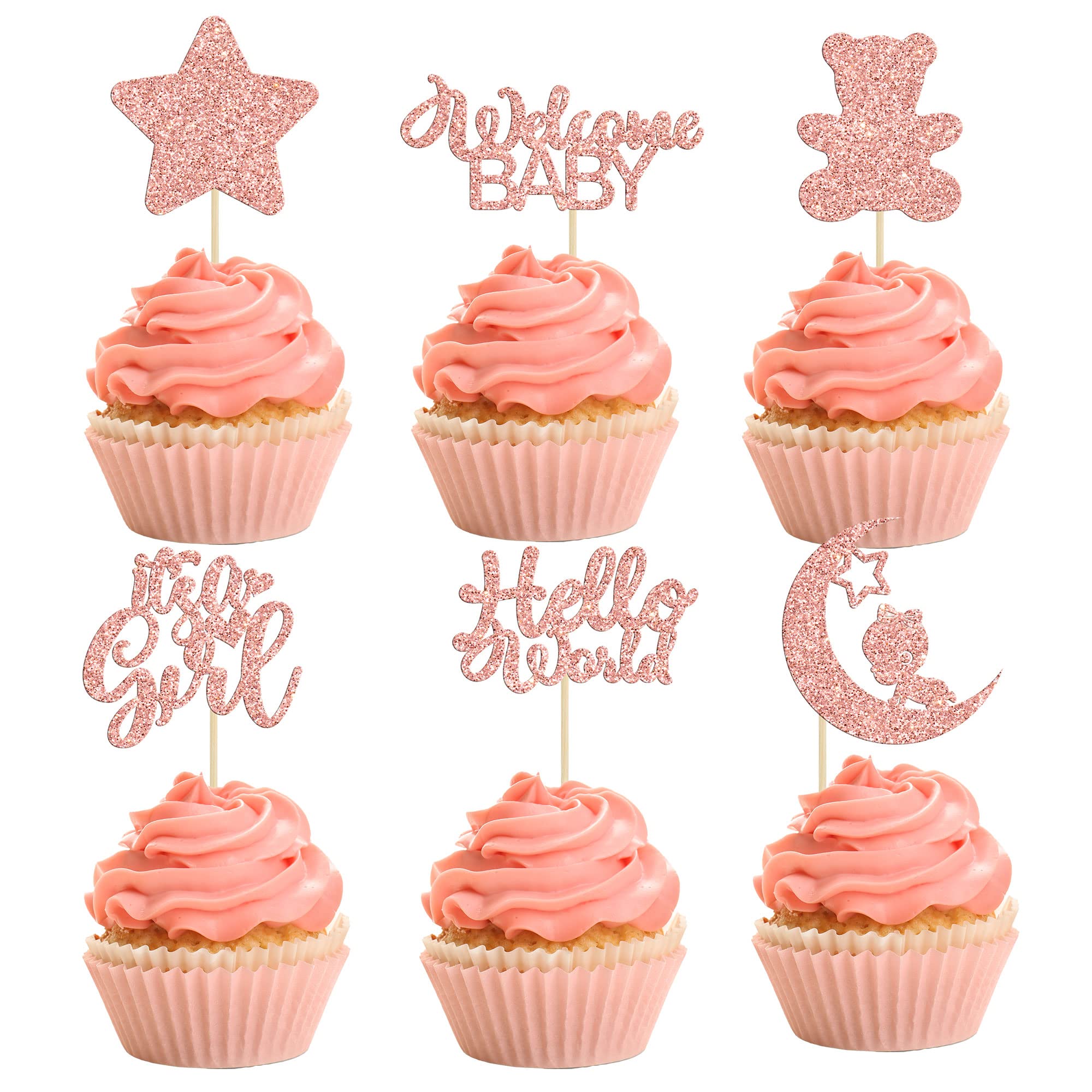 24Pcs Baby Shower Cupcake Toppers - Rose Gold Glitter Bear & Star Decorations for Gender Reveal, It's a Girl Party, Hello World Theme - Perfect for Baby Showers, Kids Birthday Cakes & Gender Reveal Celebrations