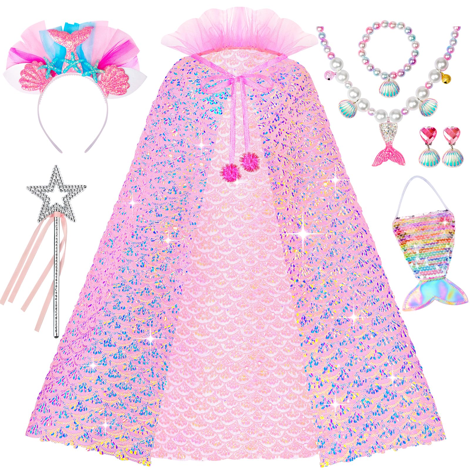 Sparkly Mermaid Princess Cape & Cloak Costume for Girls Ages 3-6 - Shimmering Sequins Dress Up Play Outfit for Birthday Parties, Halloween & Pretend Play