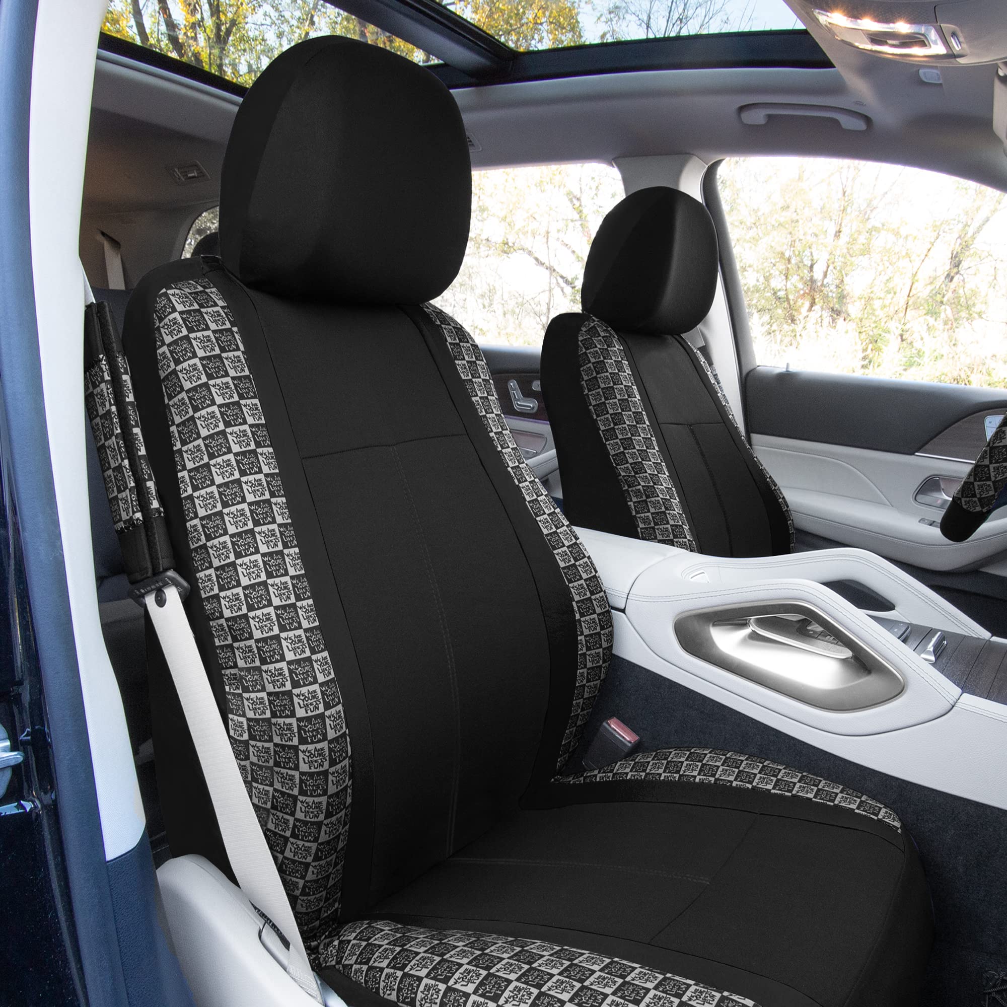 We Are Young Life is Fun™ Universal Fit Checker Car Seat Covers Set - Black Interior Accessories with Steering Wheel Cover & Seat Belt Pads | Compatible with Airbag & Split Rear Seats | Perfect for Road Trips, Daily Commutes & Family Cars