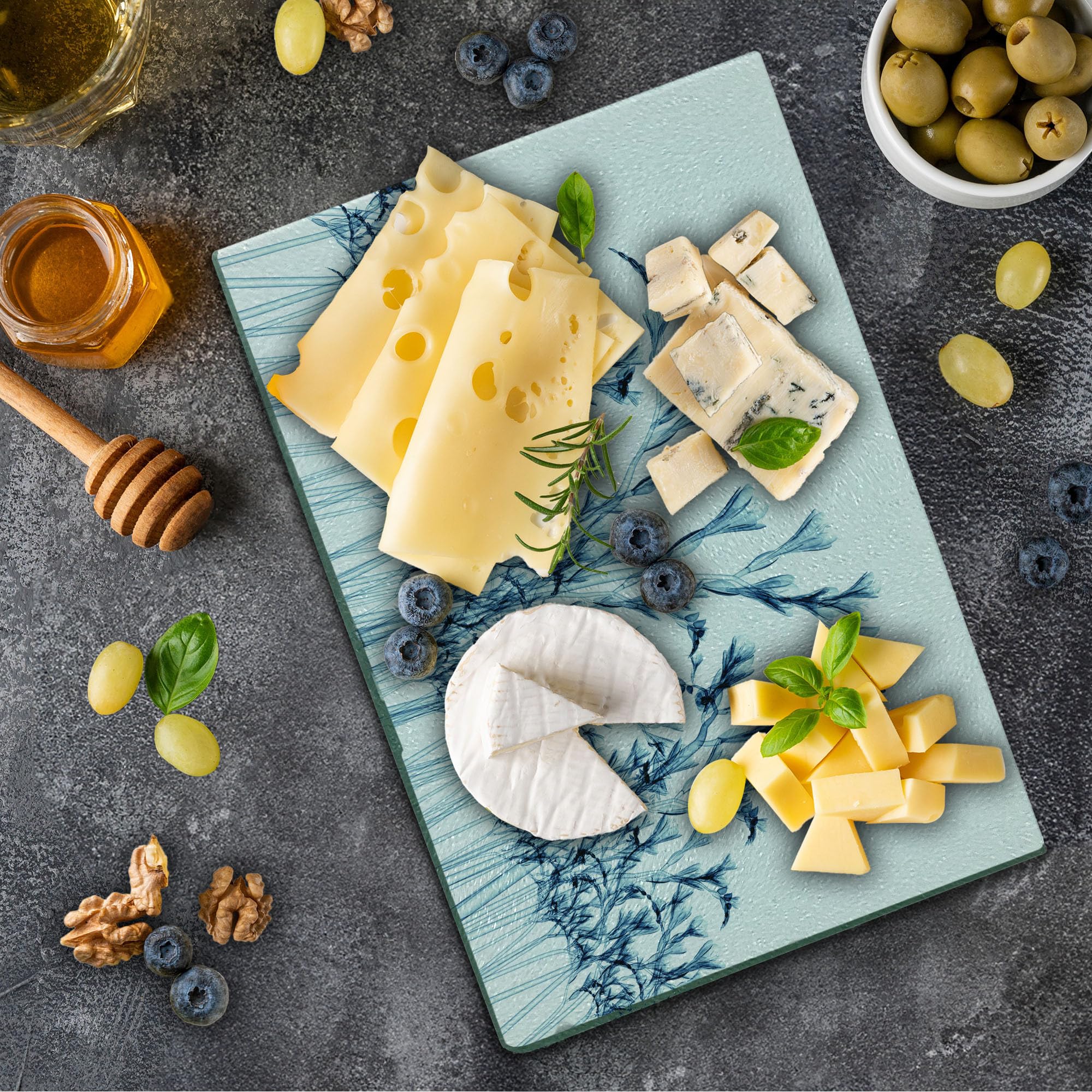 Ambesonne Floral Glass Cutting Board - Teal & White X-ray Flower Design - Decorative Tempered Glass Serving Board for Kitchen & Dining - Perfect for Cheese Display, Charcuterie & Home Decor
