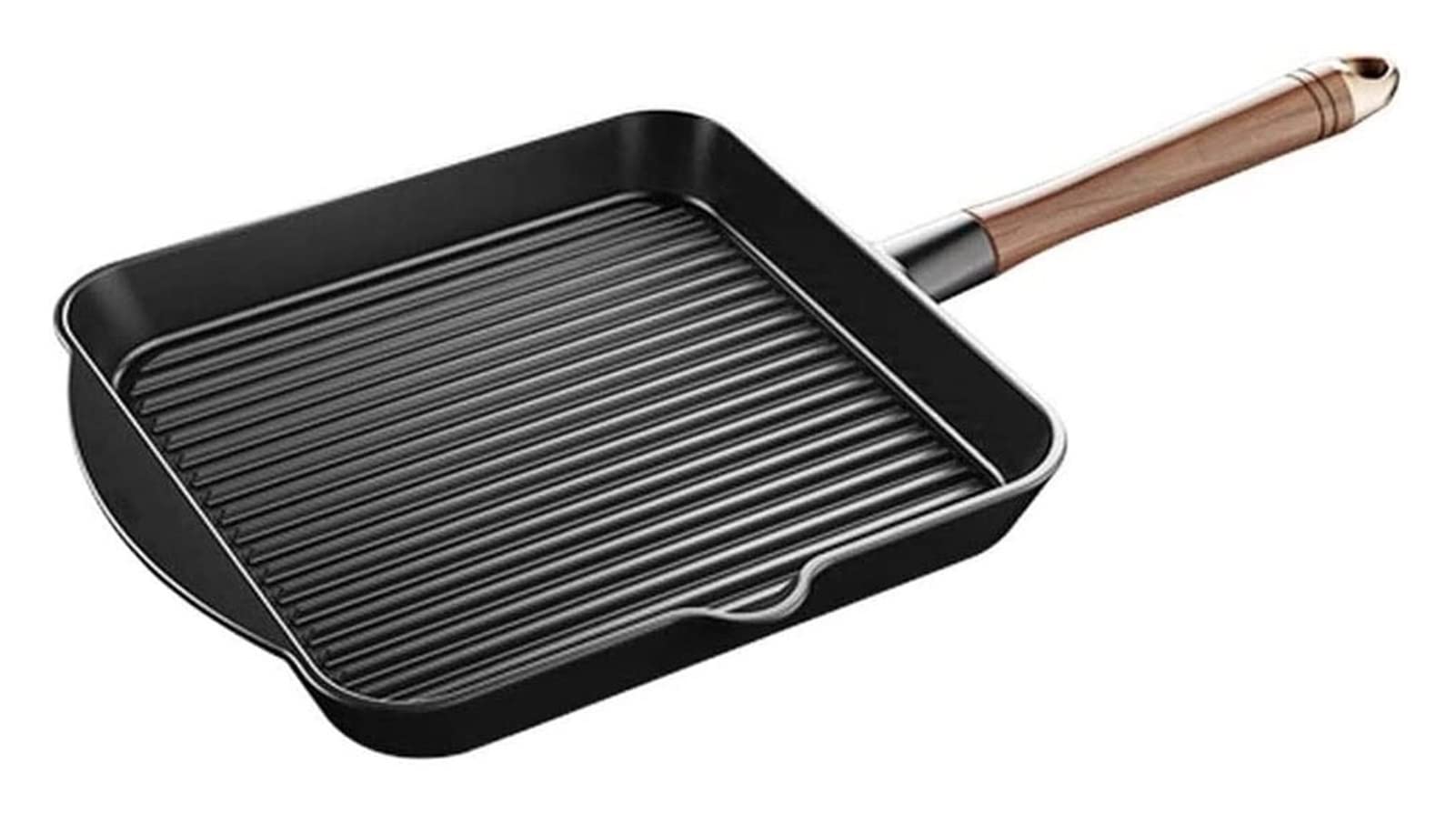 Nonstick Cast Iron Grill Pan with Walnut Wood Handle - Wok Cookery Frying Pan for Steak, Stir Fry & Cooking | Perfect for Stovetop, Oven & Outdoor Grilling