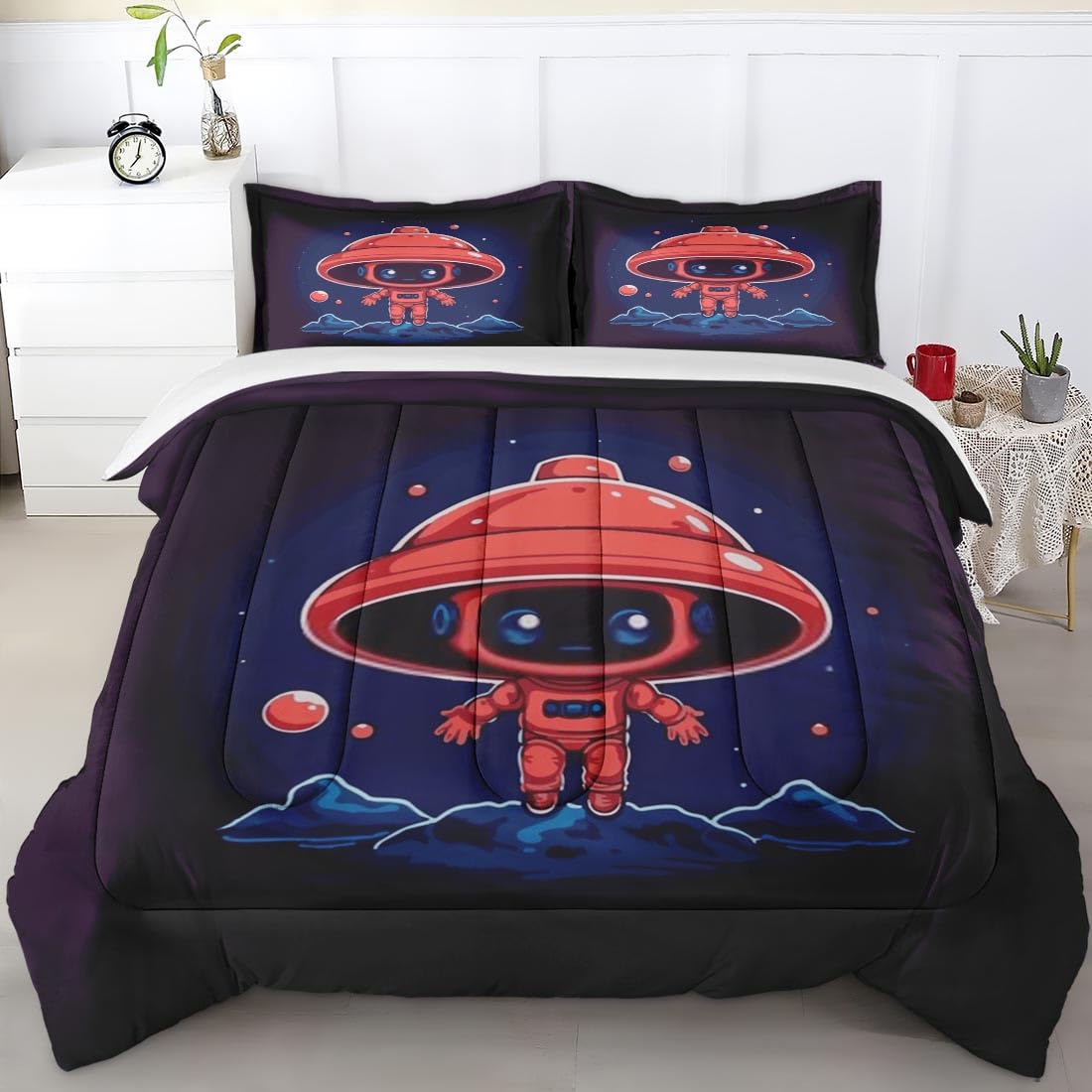 Twin Size Comforter Set - Red Cute Bedding for Kids & Adults | Navy Blue Space Themed Bedroom Decor with Matching Pillowcases | Perfect for Cozy Sleepovers, Dorm Rooms & Guest Bedrooms