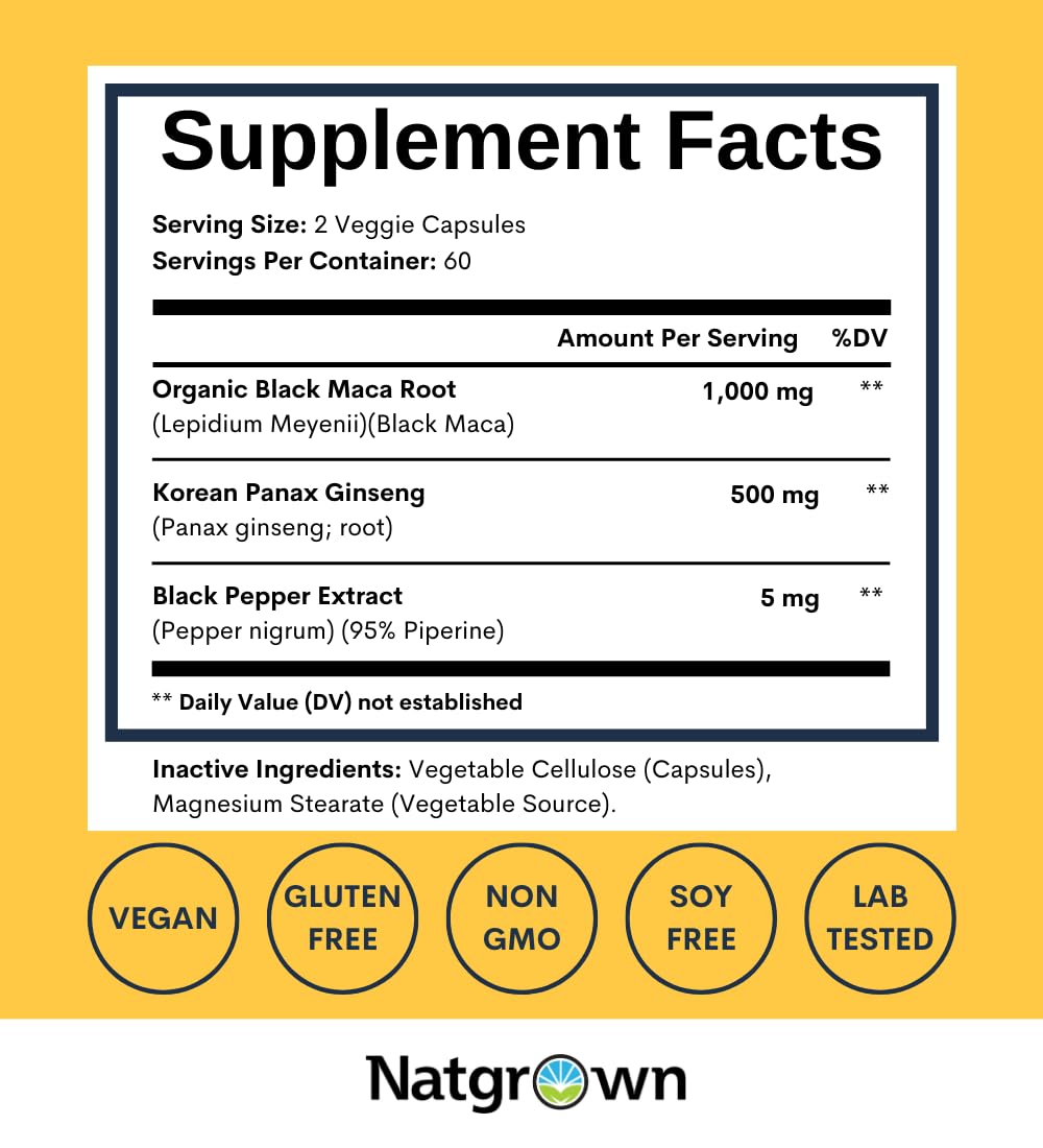 Natgrown Black Maca Root + Panax Ginseng Powder Capsules 1500mg - Peruvian Maca & Korean Ginseng Supplement for Men & Women - Vegan, Non-GMO, Energy & Vitality Booster (120 Capsules) - Supports Stamina, Focus & Overall Wellness for Active Lifestyles