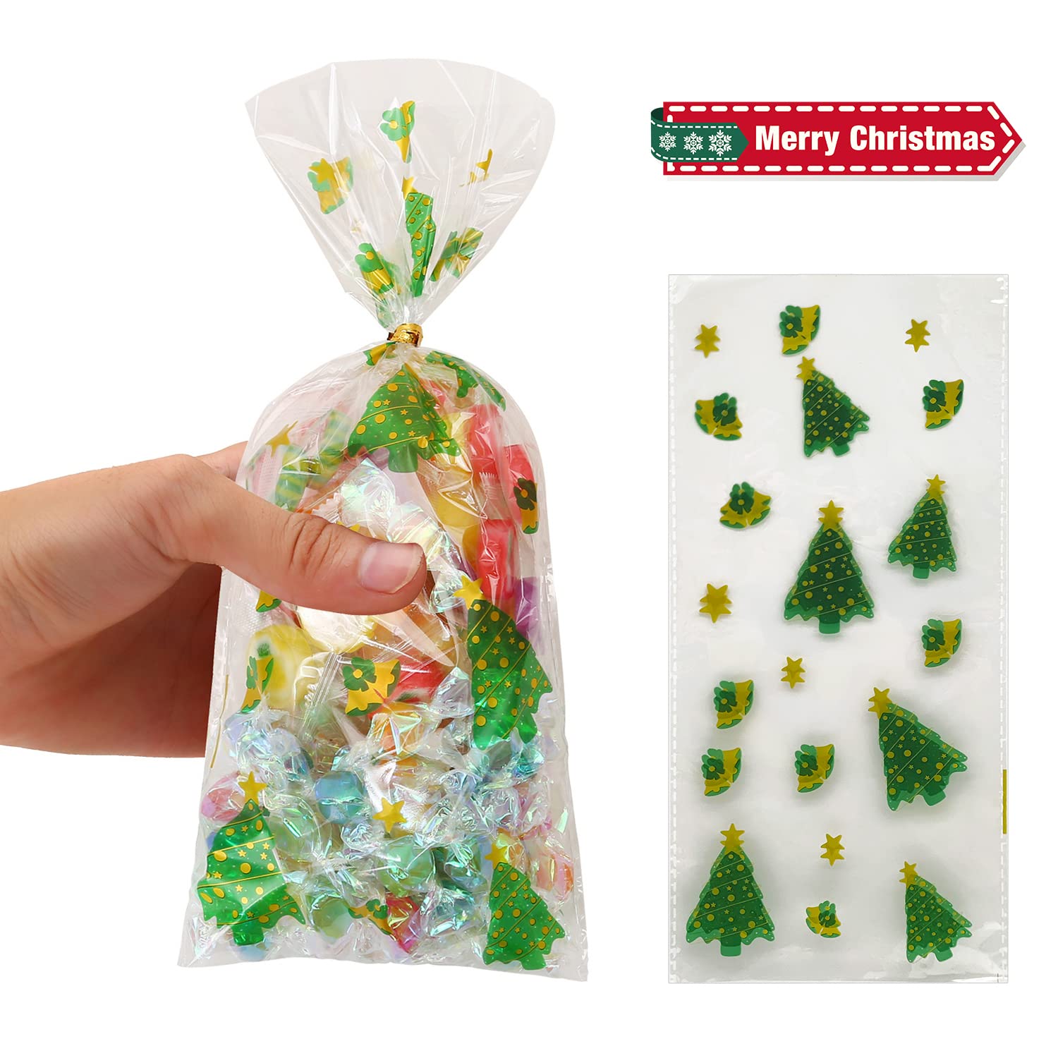 Maykah 200pcs Christmas Cellophane Treat Bags - Iridescent Candy Goodie Bags with Twist Ties for Holiday Parties, Gift Wrapping & Home Decor | Perfect for Xmas Gifts, Stocking Stuffers & Festive Treats