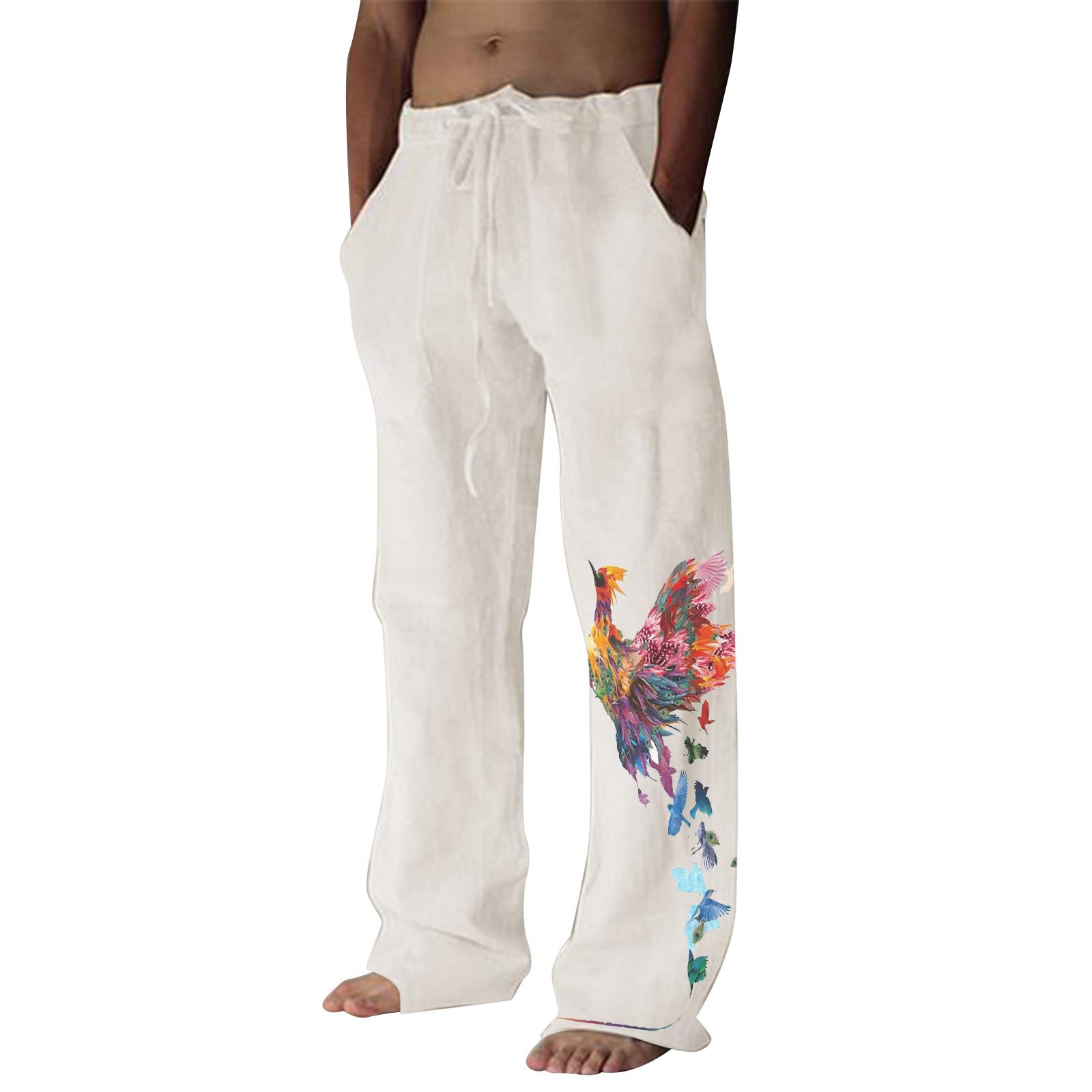 Men's Casual Linen Pants - Elastic Waist Drawstring Loose Fit Jogger Yoga Pants with Pockets | Quick Dry Breathable Comfortable for Summer, Travel, Lounge & Home Wear