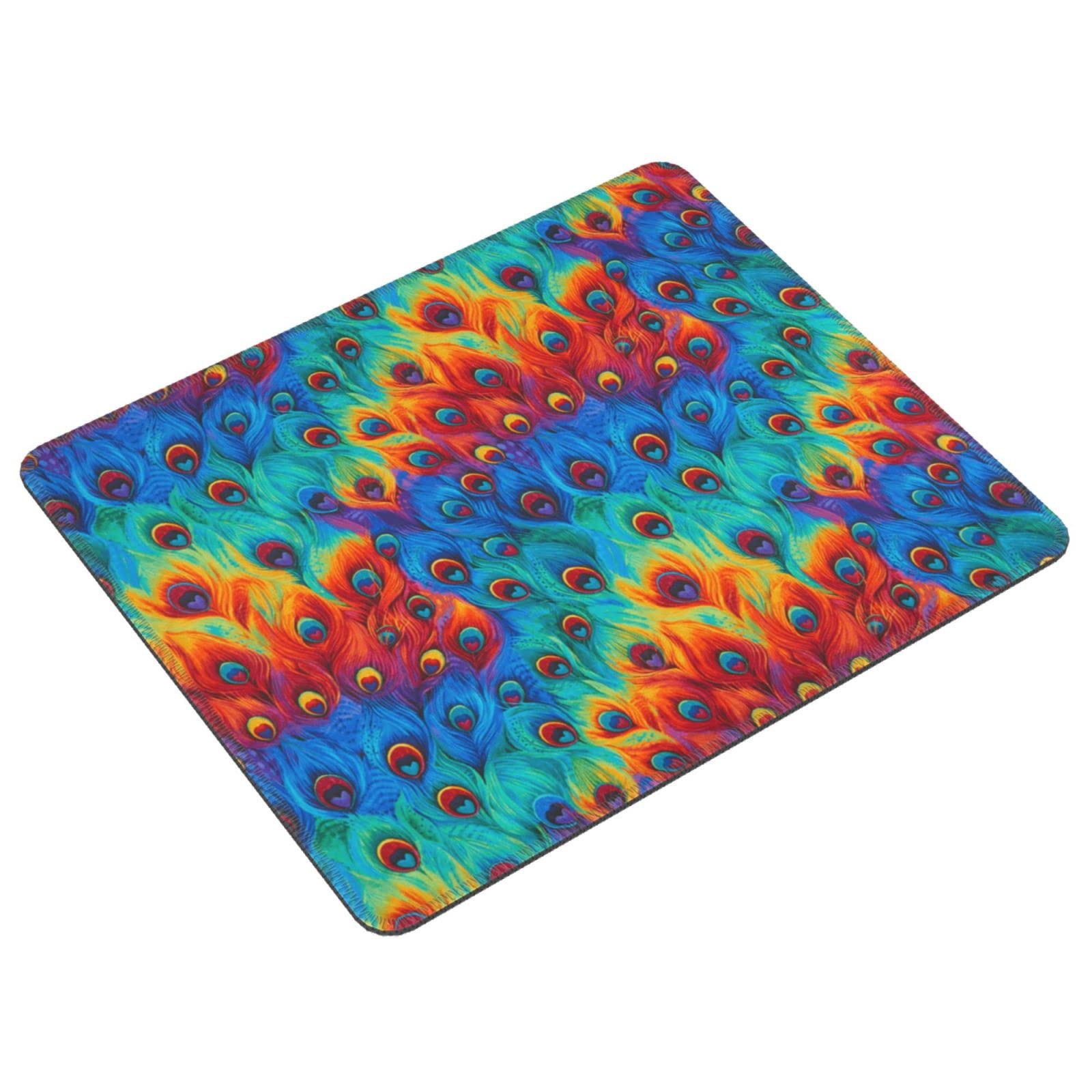 Rainbow Peacock Feather Mouse Pad with Stitched Edge - Non-Slip Desk Mat for Office Work & Gaming - 10x12 Inches Computer Mousepad for Laptop & PC - Perfect for Home, Office & Gaming Setup