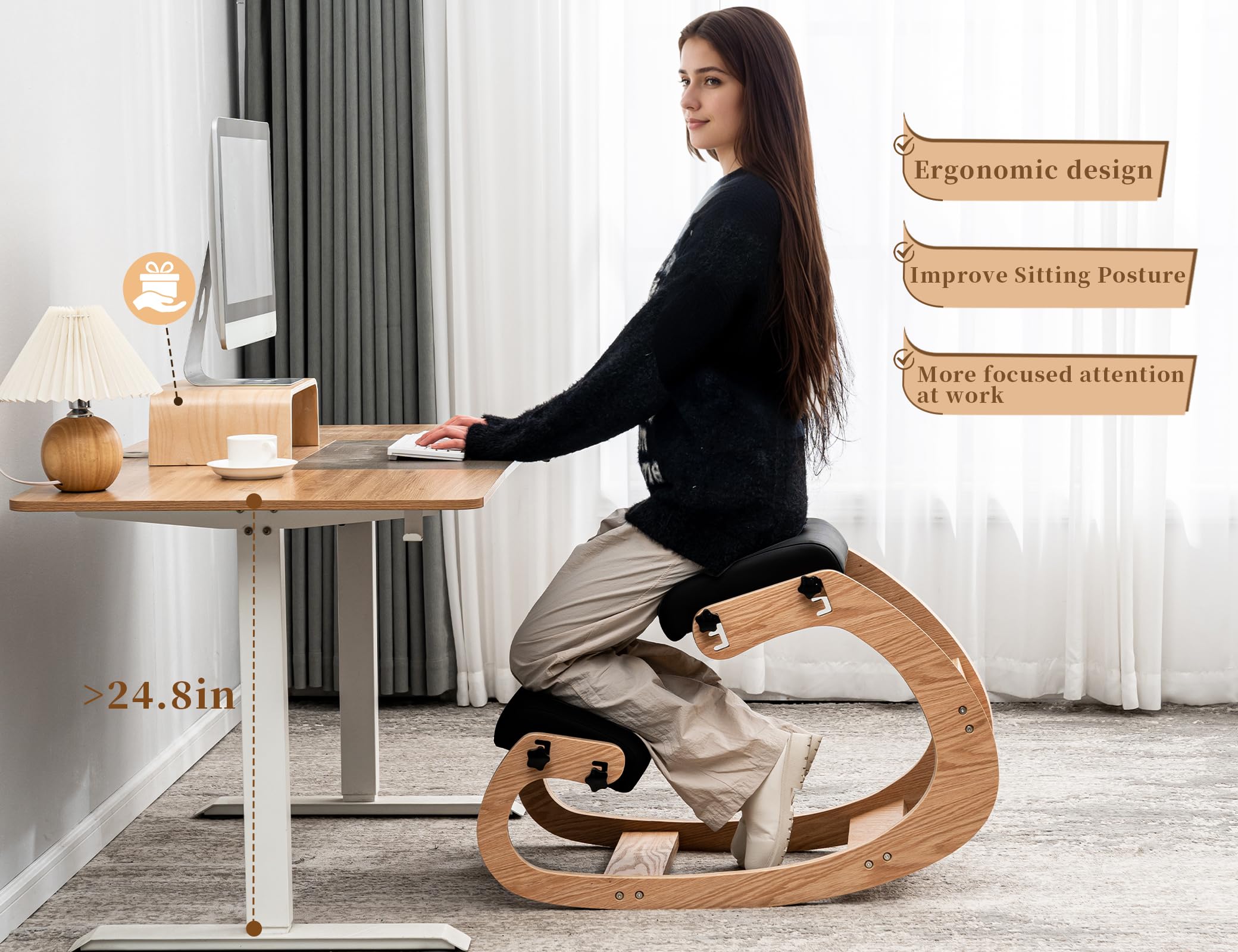 Ergonomic Adjustable Kneeling Chair - Leather Office Posture Support for Back Pain Relief - Perfect for Teens & Adults - Home & Office Use (Black)