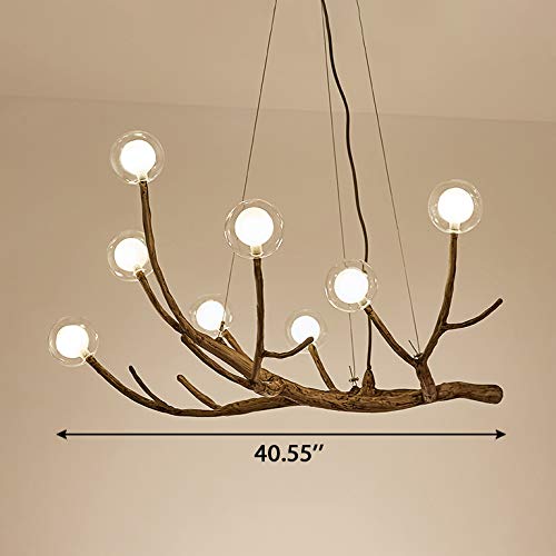 Modern Adjustable Wood Branch LED Chandelier - 24W 8-Light Glass Globe Pendant Fixture with White Bulbs Included - Perfect for Living Room, Dining Room, Restaurant & Bar Lighting