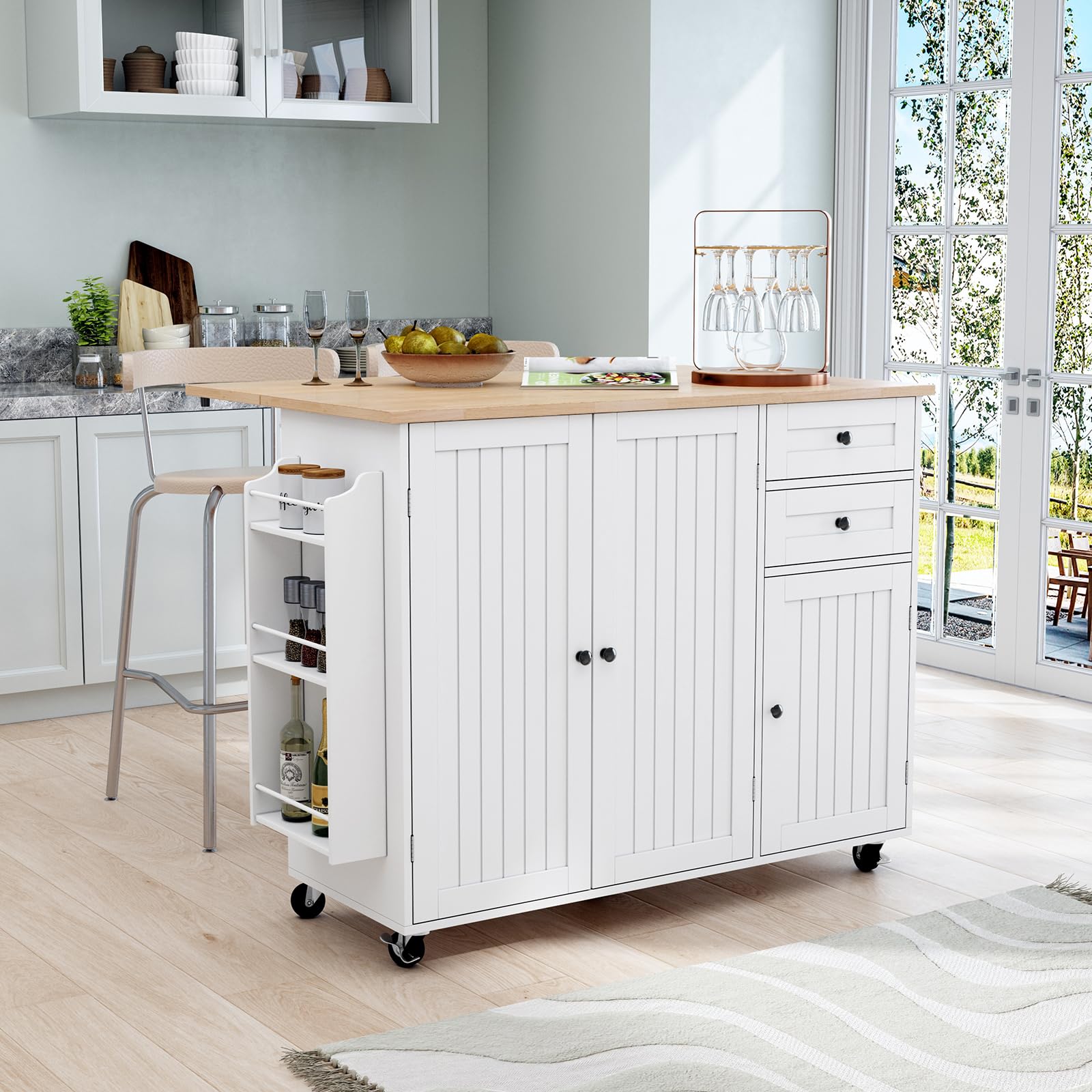 HLR Mobile Kitchen Island with Storage - Rolling Cart with Drop-Leaf Breakfast Bar, Spice Rack & Tower Shelves - Perfect for Small Kitchens, Apartments & Entertaining