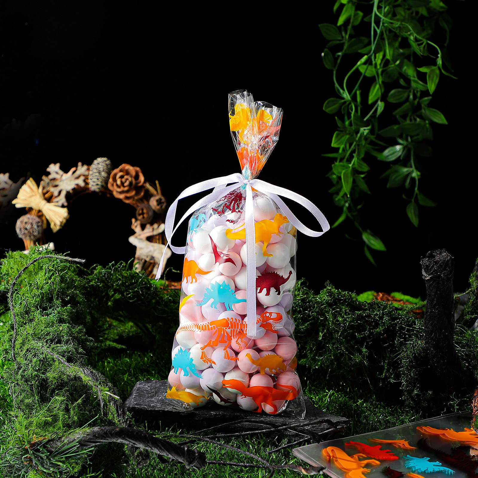 100-Pack Clear Dinosaur Cellophane Bags with White Ribbon - Dinosaur Skeleton Party Favor Bags for Candy, Cookies, Snacks - Perfect for Birthday Parties, Baby Showers & Themed Events