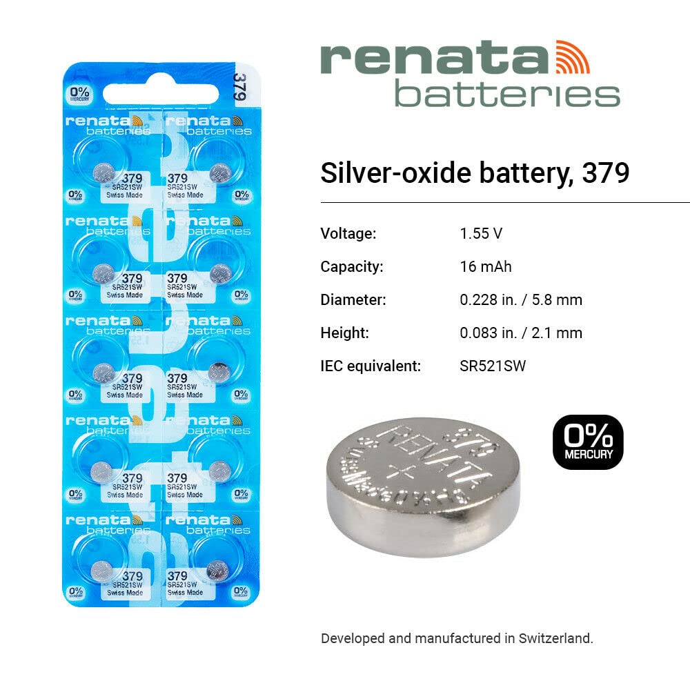 Renata 379 SR521SW 1.55V Silver Oxide Watch Batteries (10-Pack) - Long-Lasting Power for Watches, Calculators & Small Electronics - Perfect Replacement for Timex, Casio & More