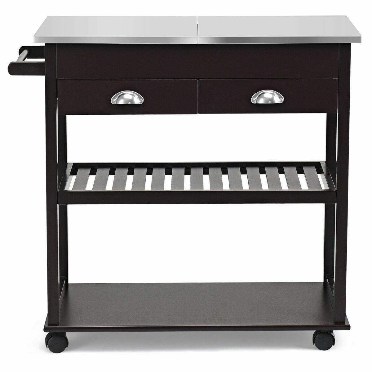 Stainless Steel Rolling Kitchen Island Cart with Flip Tabletop & Drawer - Brown | Mobile Kitchen Storage, Prep Station & Serving Cart for Small Spaces