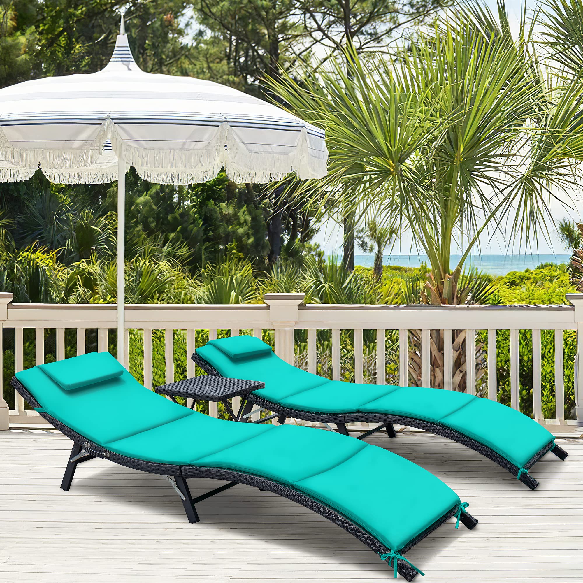 Homall 3-Piece Outdoor Patio Chaise Lounge Chair Set - PE Rattan Reclining Pool & Beach Chairs with Folding Table & Cushion (Blue) - Perfect for Backyard, Garden, Poolside & Beach Relaxation