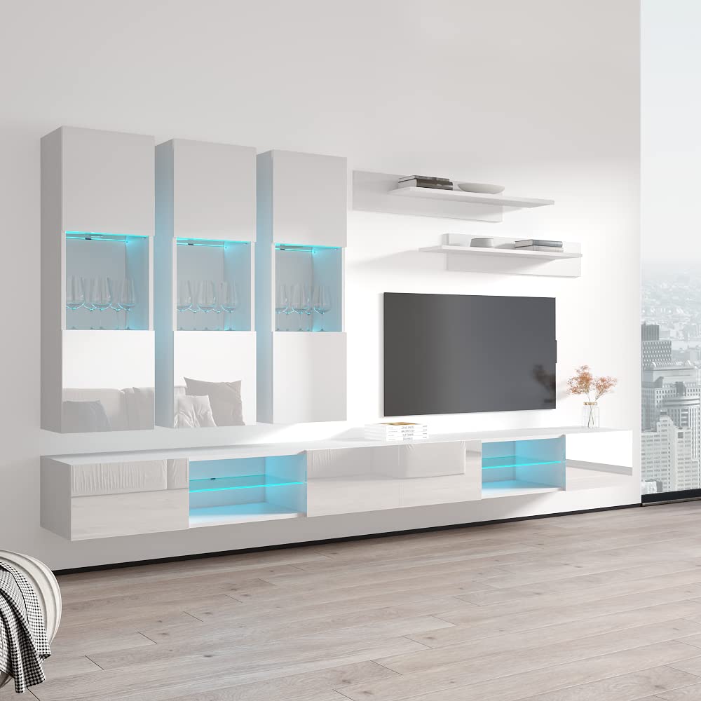 Modern White Wall-Mounted TV Stand with Storage Shelves & LED Lights - Floating Entertainment Center Console for Living Room & Bedroom - Perfect for Small Spaces & Home Theater Setups