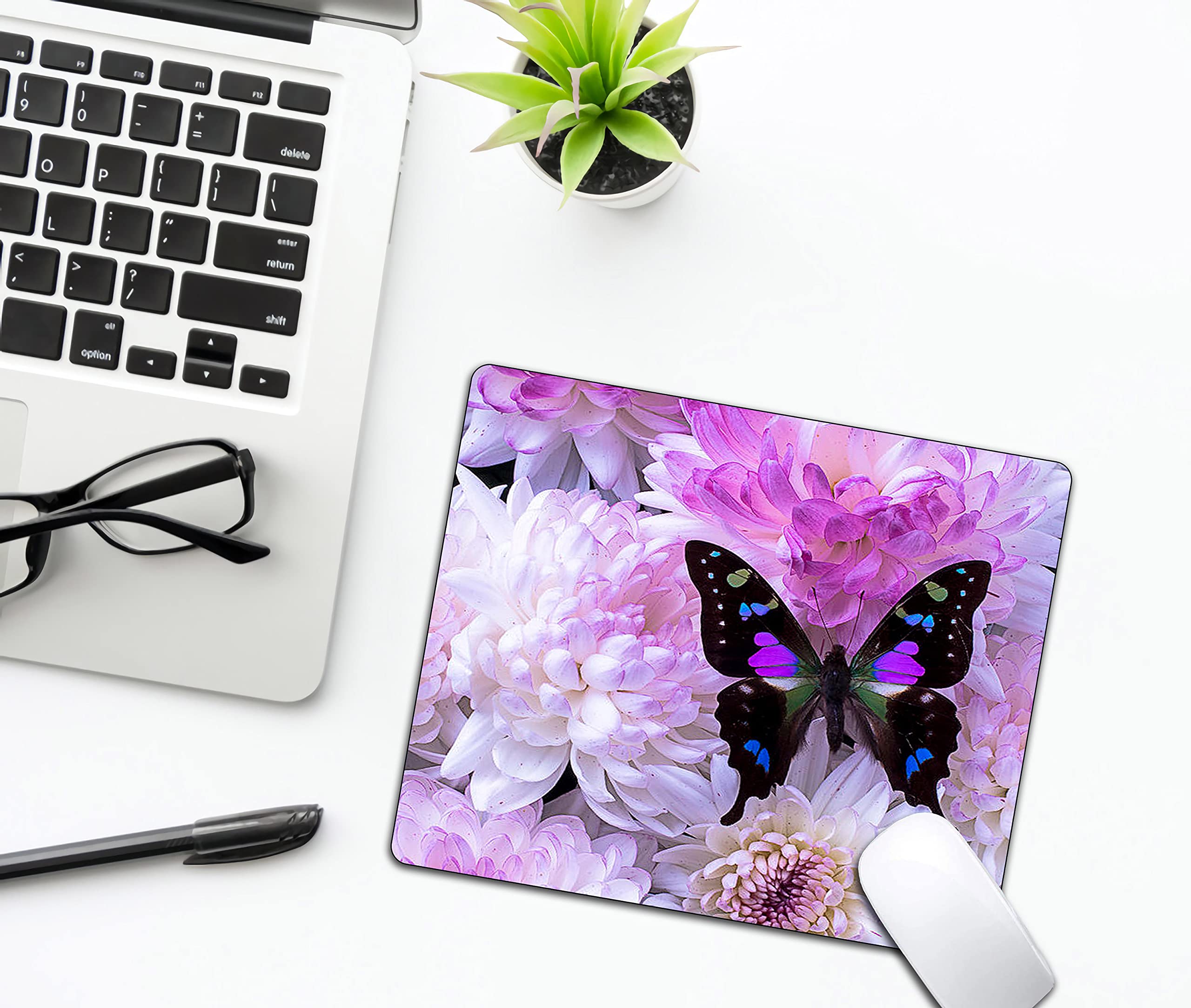 Black Butterfly Mouse Pad with Anti-Slip Rubber Base - White Daisy Wireless Mouse Pad for Laptop & PC - Perfect for Office, Gaming, and Home Workspace