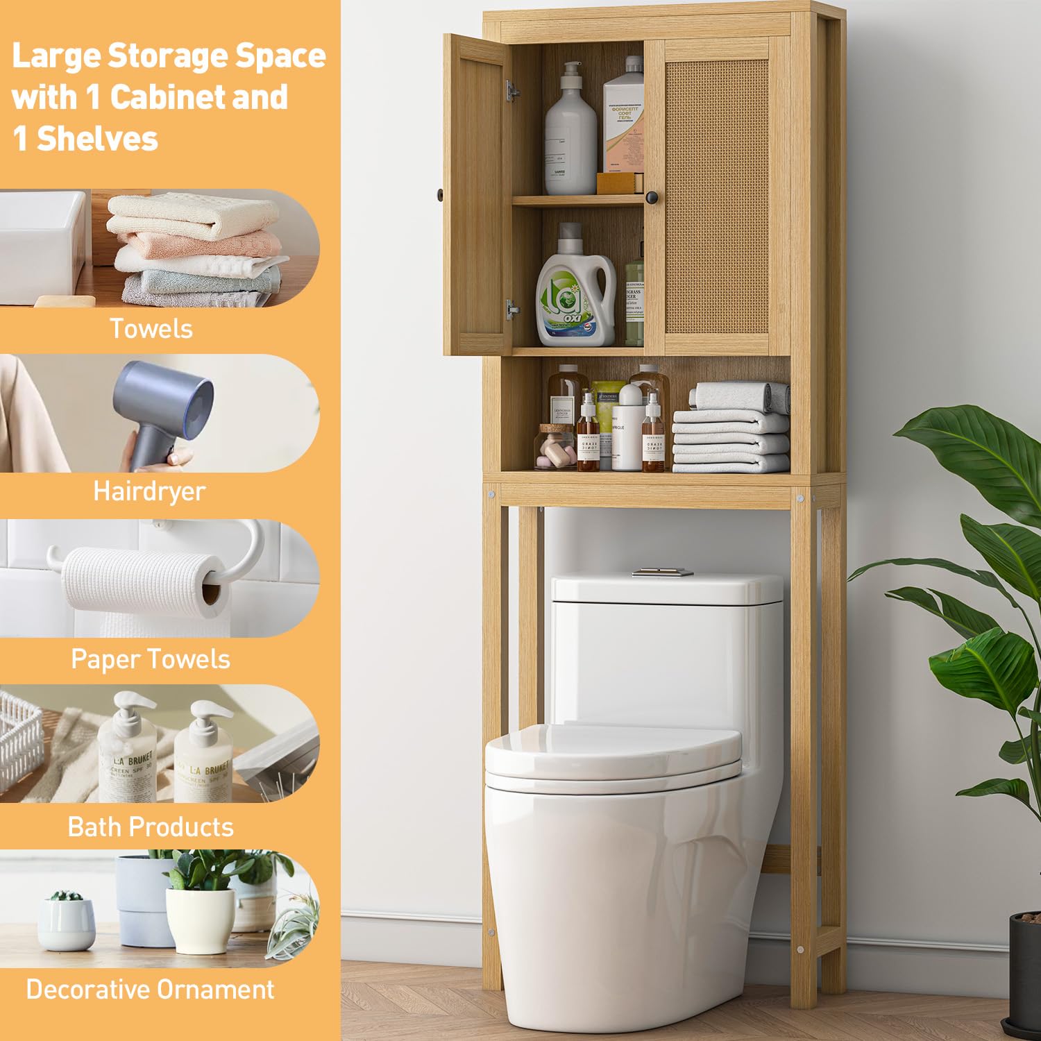 Rattan Over The Toilet Storage Cabinet - Adjustable Shelf Bathroom Organizer | Space Saving Behind Toilet Cabinet for Bathroom, Laundry & Restroom | Natural Wood Rack for Toilet Paper, Towels & Bath Essentials