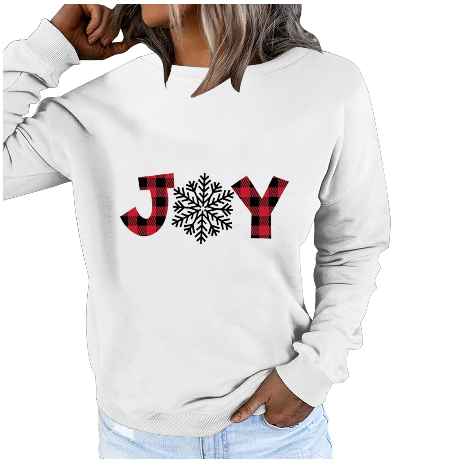 Women's Christmas Printed Long Sleeve Sweatshirt - Cozy Winter Pullover Top with Festive Holiday Design (White, Size S) | Perfect for Casual Wear, Holiday Parties & Seasonal Outfits
