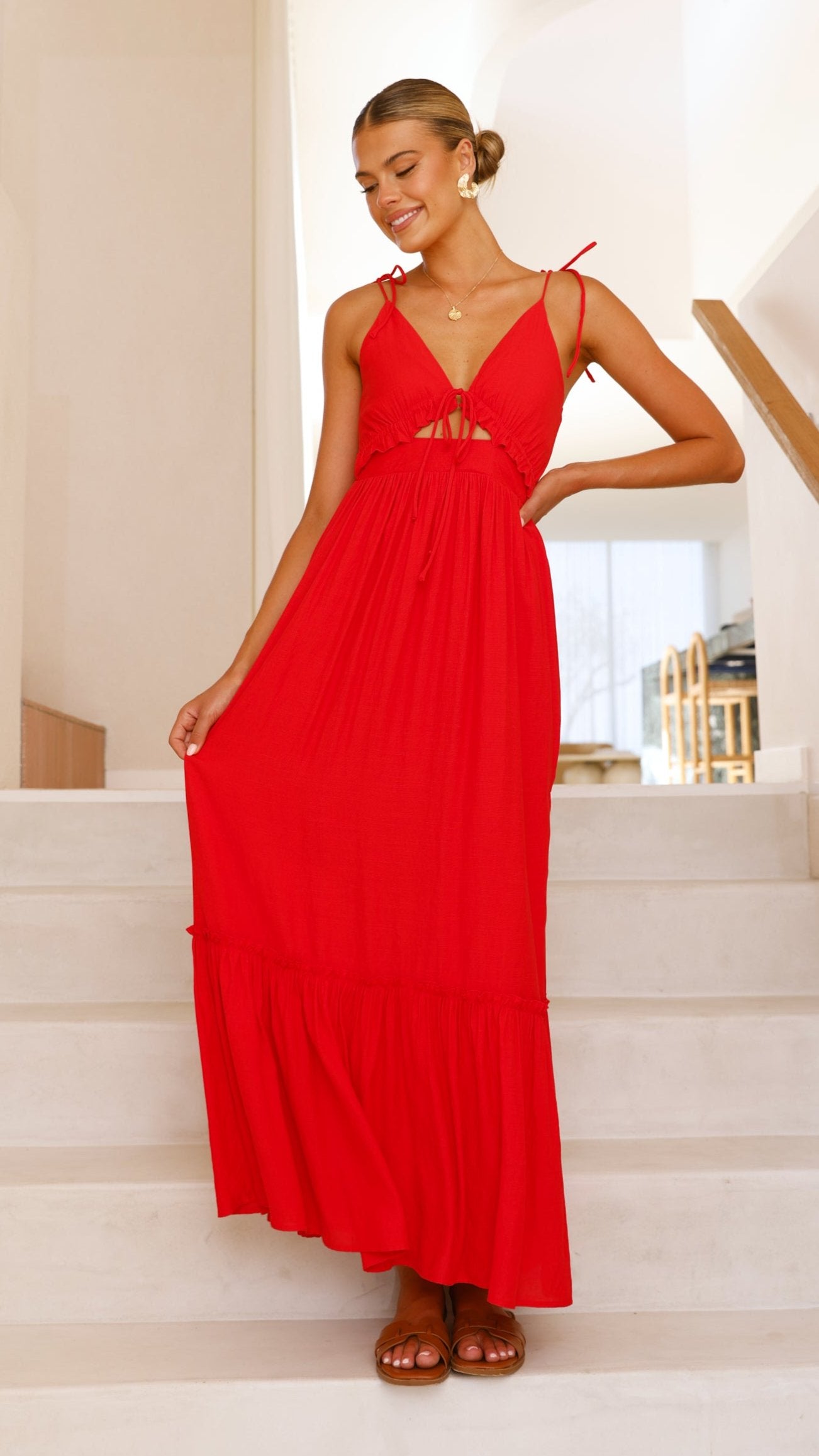 Lille Maxi Dress for Women - Flowy Long Summer Dress in Red - Perfect for Beach, Vacation & Casual Outings