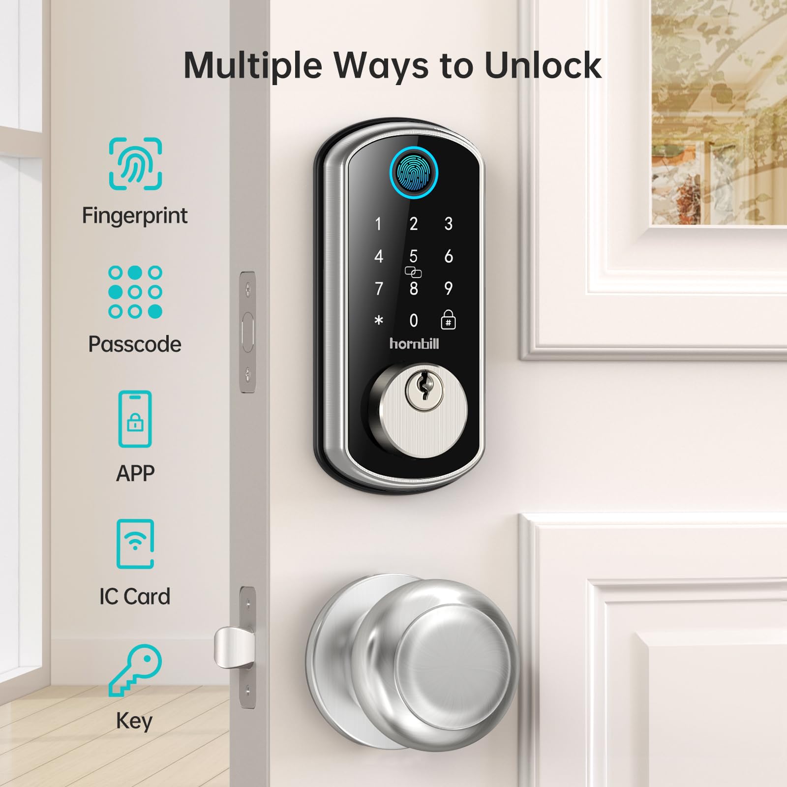 Smart WiFi Door Lock Set - Hornbill Silver Keyless Entry Fingerprint Deadbolt with Handle, 2 Knobs, Alexa & Bluetooth, Remote Code & Auto Lock - Ideal for Home, Hotel & Office Security (Easy Installation & Smart Access)