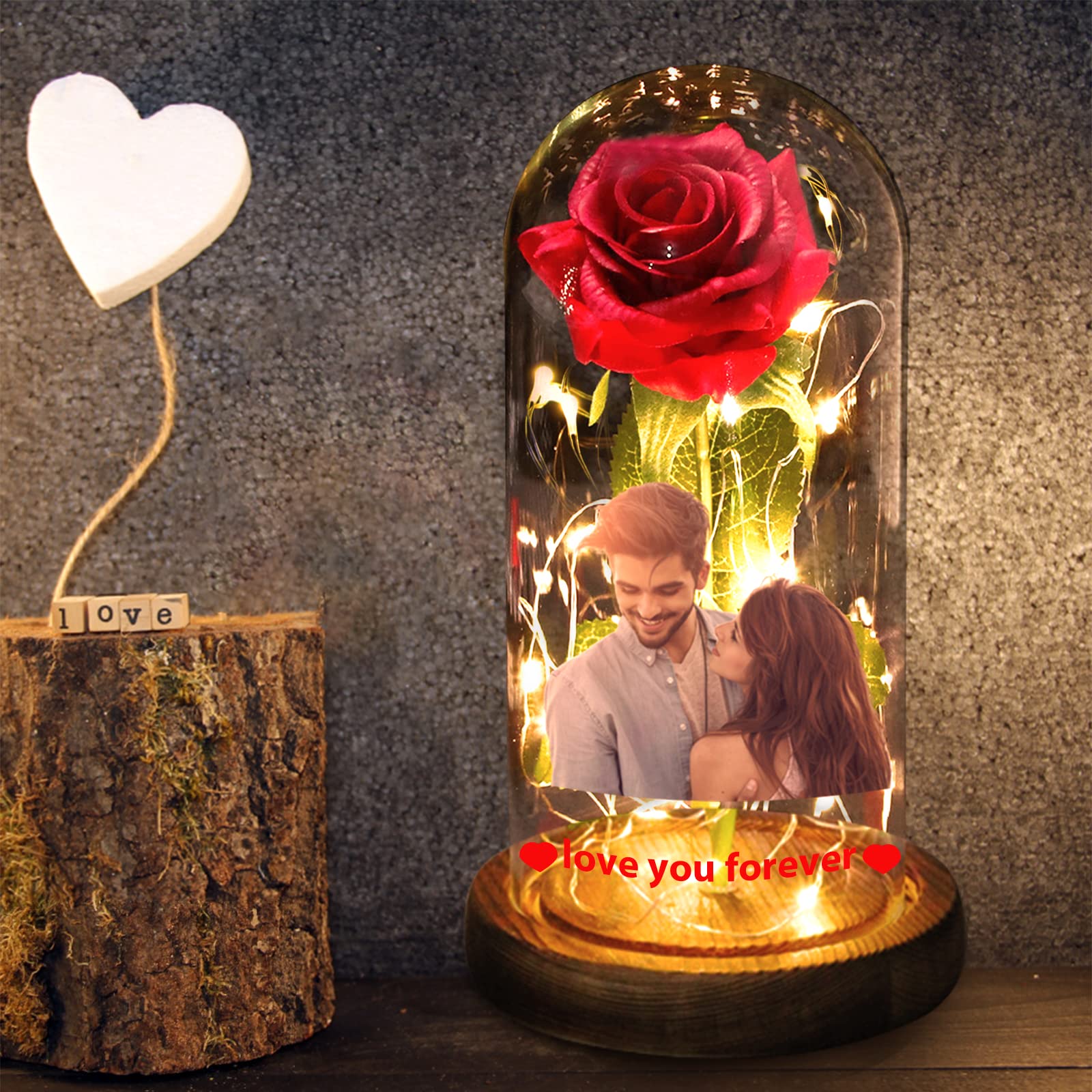 Custom Photo Rose Light - Personalized LED Rose in Glass Dome with Picture Text, Eternal Flower Lamp for Mother's Day, Valentine's, Anniversary & Birthday Gifts | Romantic Home Decor, Bedroom Night Light, Wedding Centerpiece