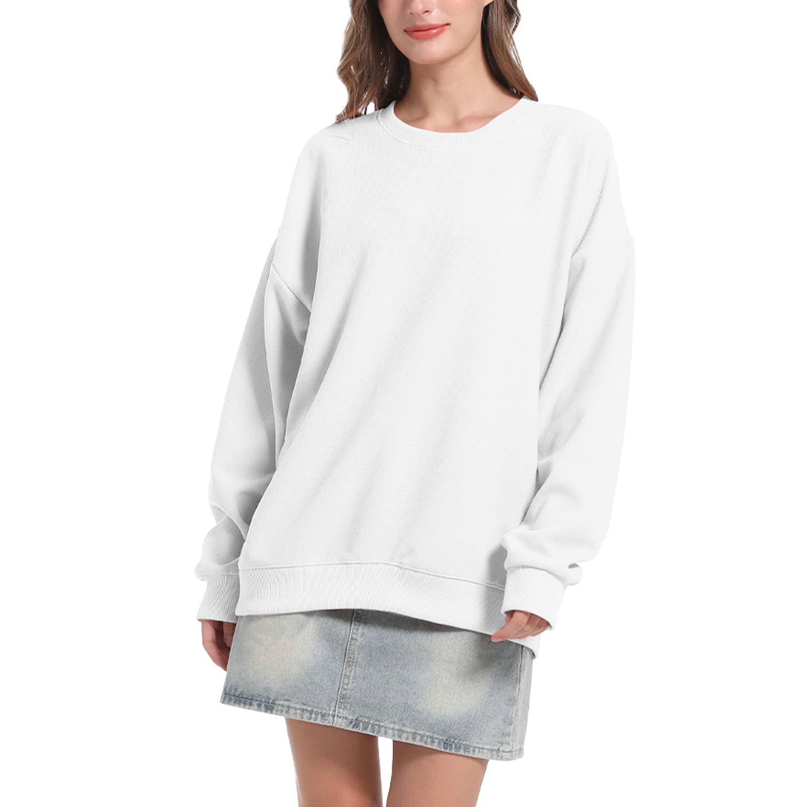 Women's Waffle Knit Pullover Sweatshirt - Crew Neck Long Sleeve Loose Fit Casual Top - Soft Lightweight Comfortable (S-XXL) for Fall Layering, Lounge Wear & Everyday Outfits