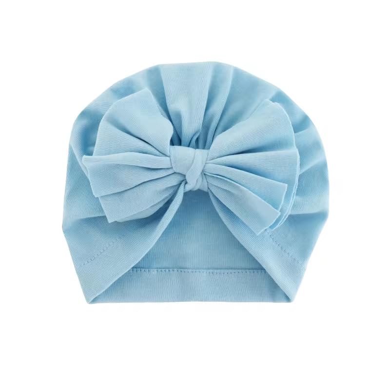 Blue Turban Bow Baby Cap for Girls & Boys 3-36 Months - Soft Cotton Newborn Headband for Photoshoots, Outings & Hospital Visits - Perfect Baby Shower Gift & First Birthday Accessory