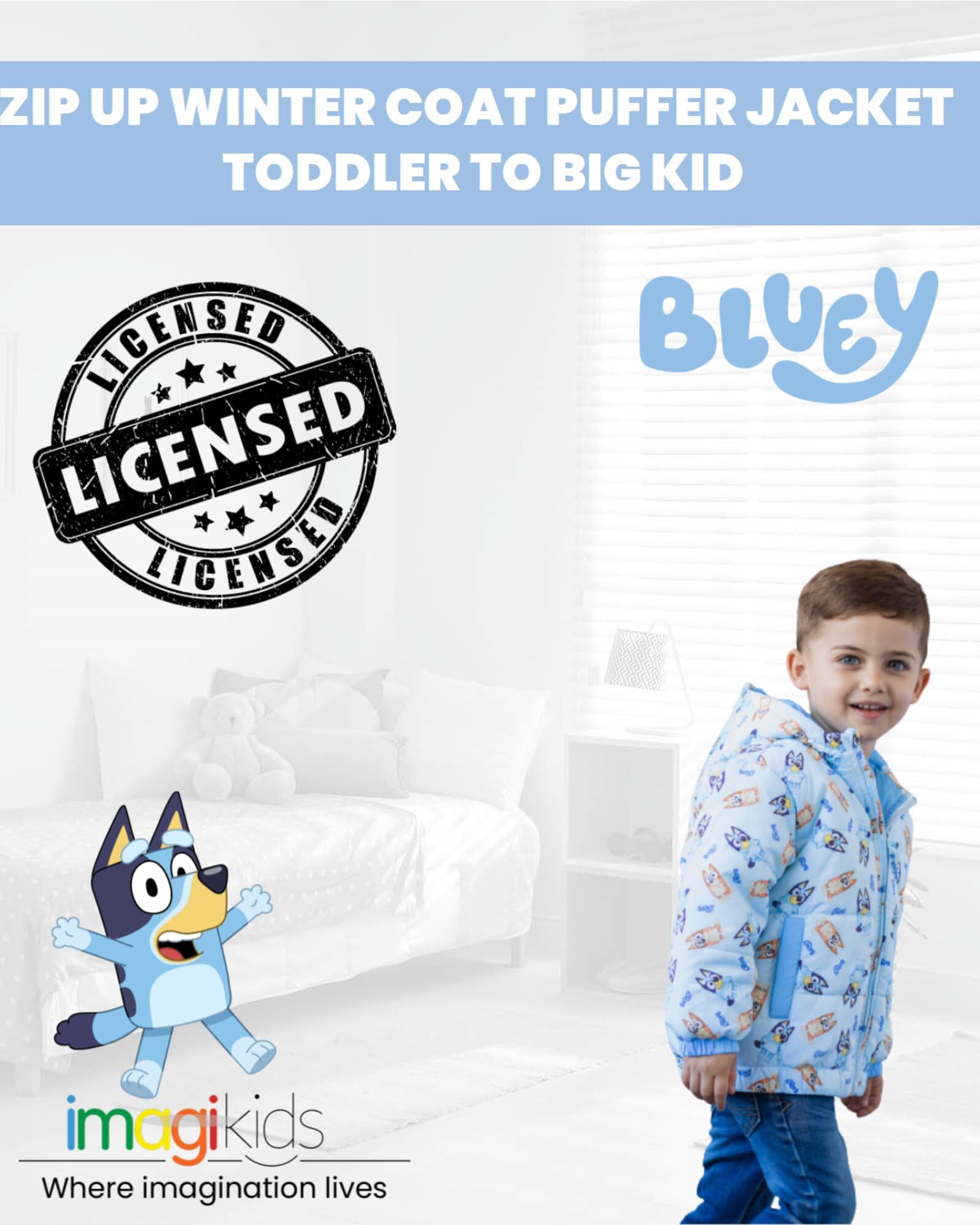 Bluey Bingo Puffer Jacket for Kids - Warm Winter Coat with Zip Up, Cute Cartoon Character Design - Perfect for Snow Play, School, and Outdoor Activities