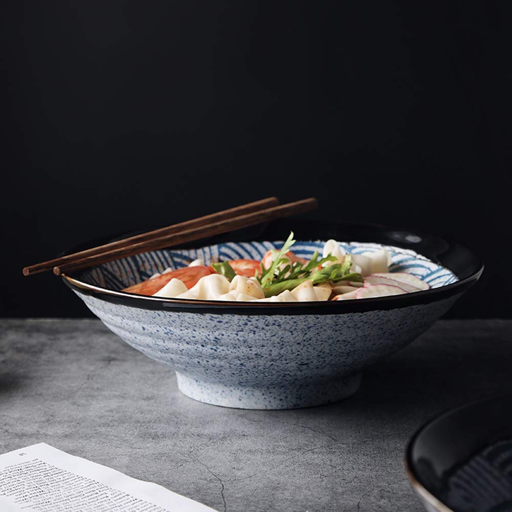 44oz Porcelain Soup Bowls Set with Chopsticks - Microwave & Dishwasher Safe Stackable Wavy Pasta Bowls for Cereal, Stew, Ice Cream - Perfect for Dining, Entertaining & Meal Prep