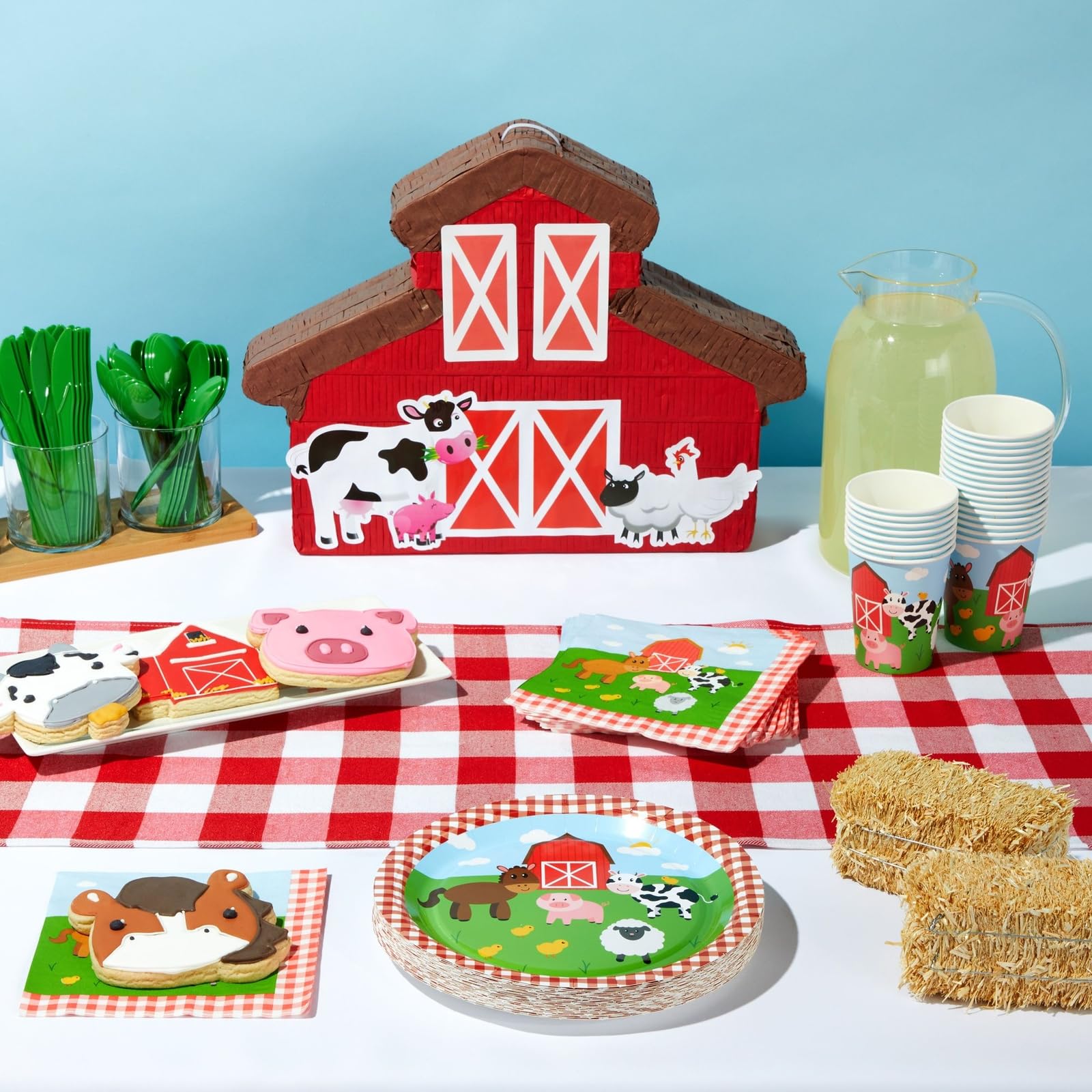 Juvale 144-Piece Farm Animal Birthday Party Supplies Set - Barnyard Themed Decorations with Paper Plates, Napkins, 9oz Cups & Plastic Cutlery for 24 Guests | Perfect for Kids Birthday Parties, Baby Showers & Farm-Themed Events