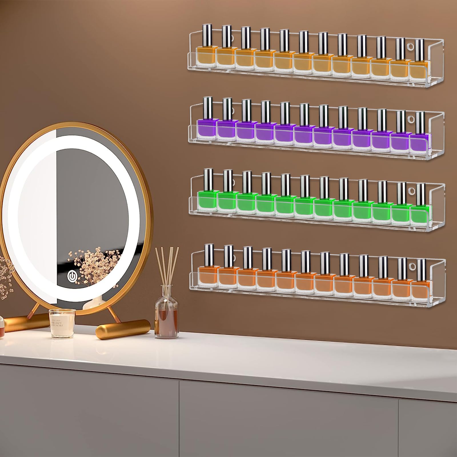 4 Pack Clear Acrylic Nail Polish Organizer Wall Mounted Shelf - Nail Polish Display Rack for Salon & Home Use - Perfect for Nail Technicians & DIY Manicures