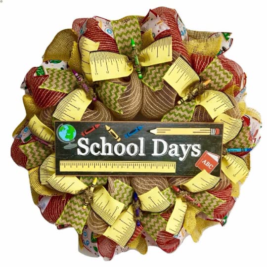 Handmade Deco Mesh School Days Door Wreath with Colorful Crayons - Perfect for Classroom Decor, Teacher Appreciation Gifts & Back to School Celebrations