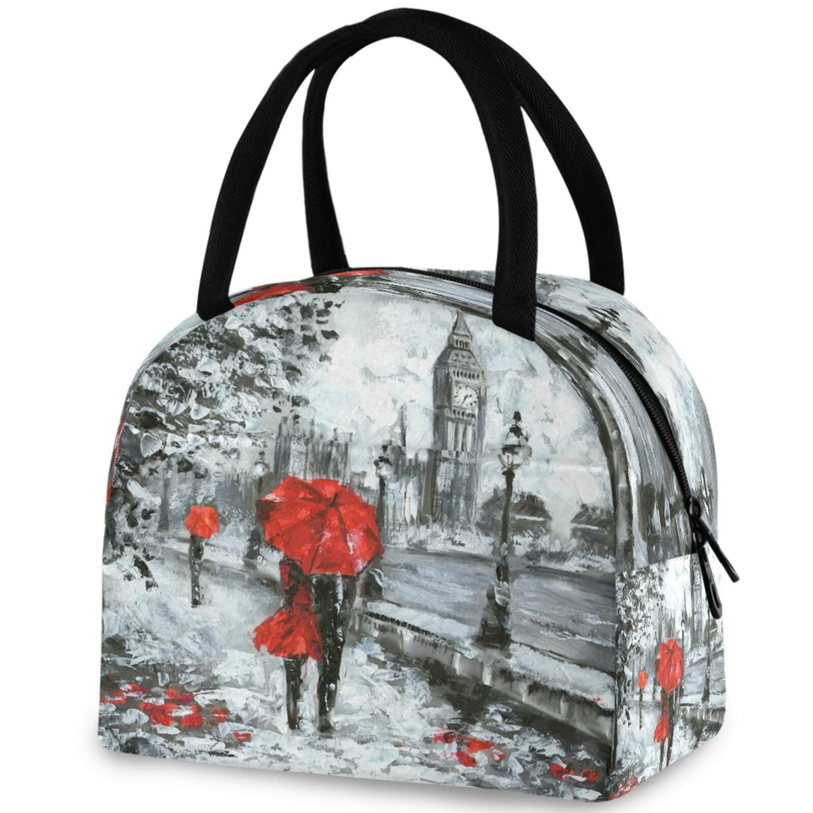 London Street View Oil Painting Reusable Insulated Lunch Tote Bag with Front Zipper Pocket - Thermal Cooler for Work, Picnic, Travel, Beach & Fishing