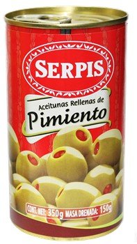 Serpis - Premium Green Olives Stuffed with Red Pimentos, 12.34 oz Jar | Perfect for Charcuterie Boards, Salads & Mediterranean Recipes